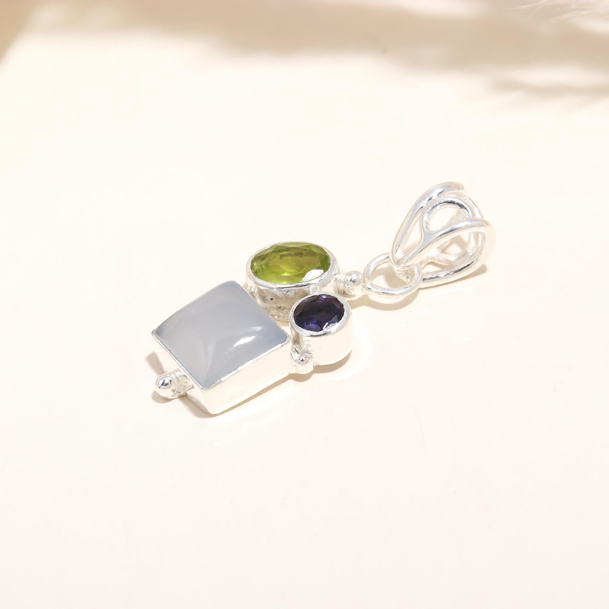 Natural Multi Gemstone Pendant in Solid 925 Sterling Silver