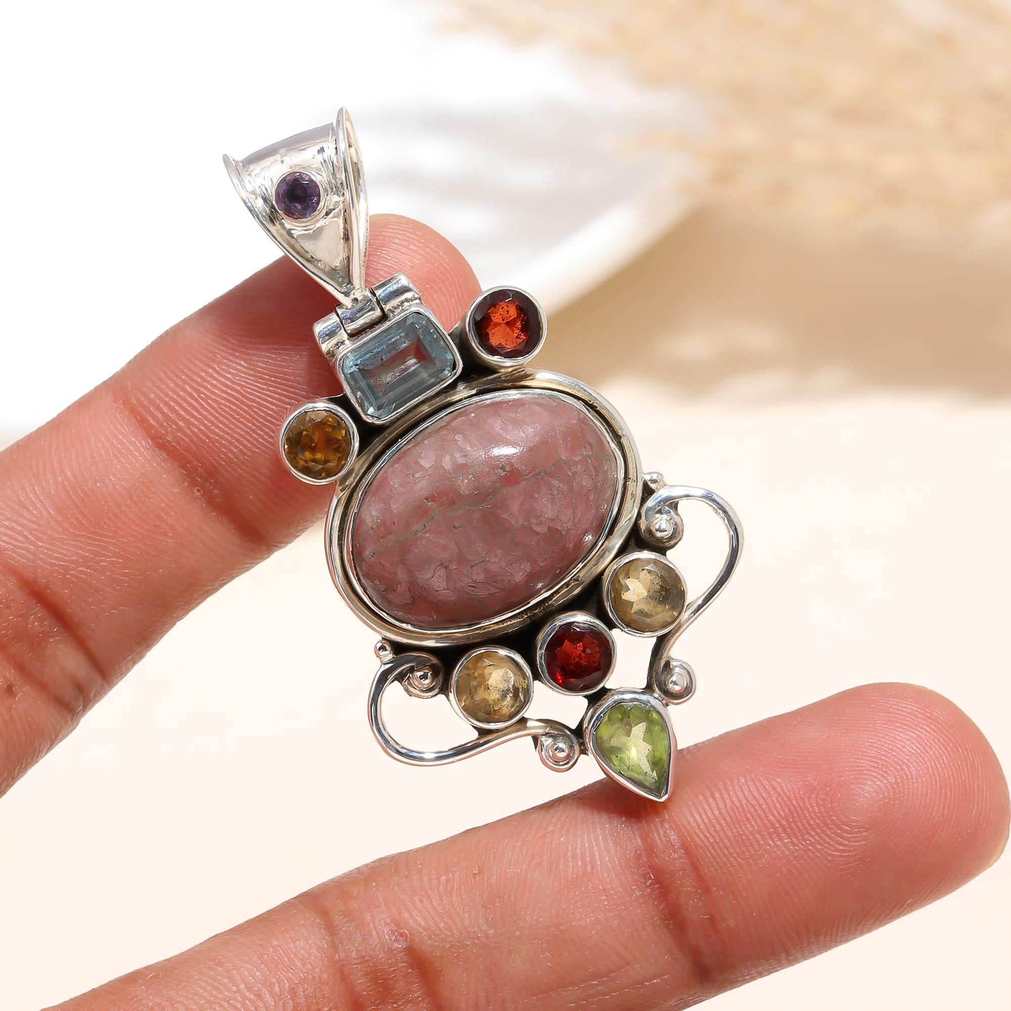 The Rhodonite Royal : Rhodonite & Multi-Gem Statement Pendant