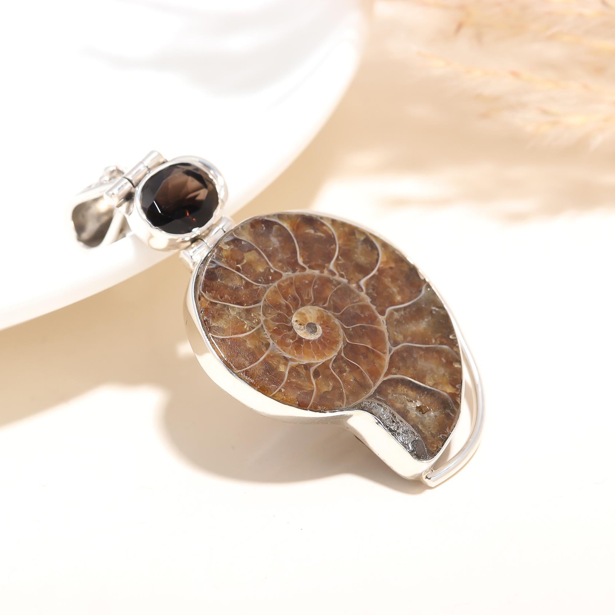 Natural Ammonite Fossil Snail Gemstone Silver Plated Pendant