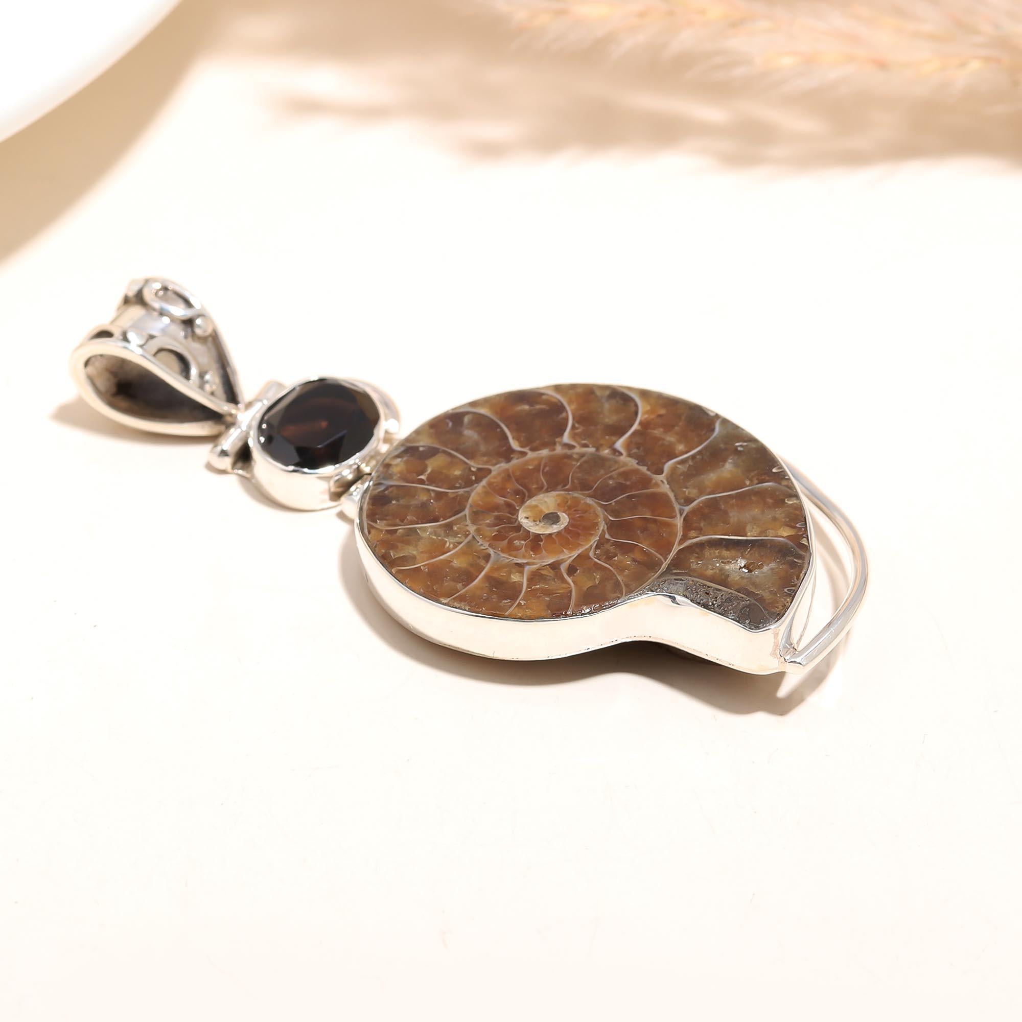 Natural Ammonite Fossil Snail Gemstone Silver Plated Pendant