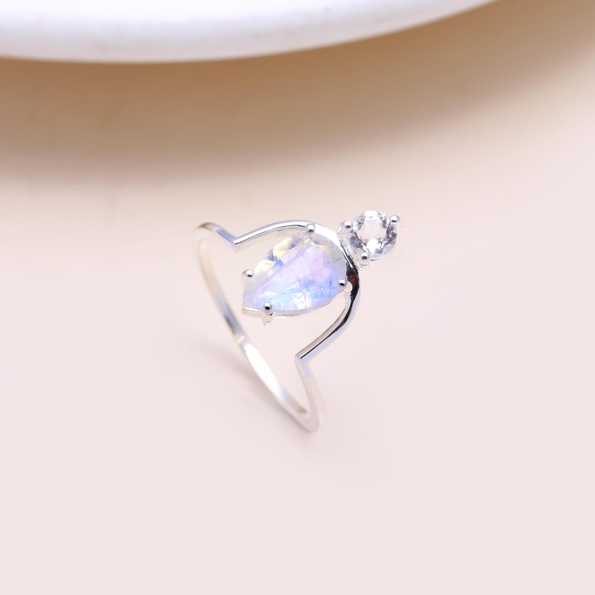 The Floating Drop Ring: Pear Moonstone & Topaz Open Ring