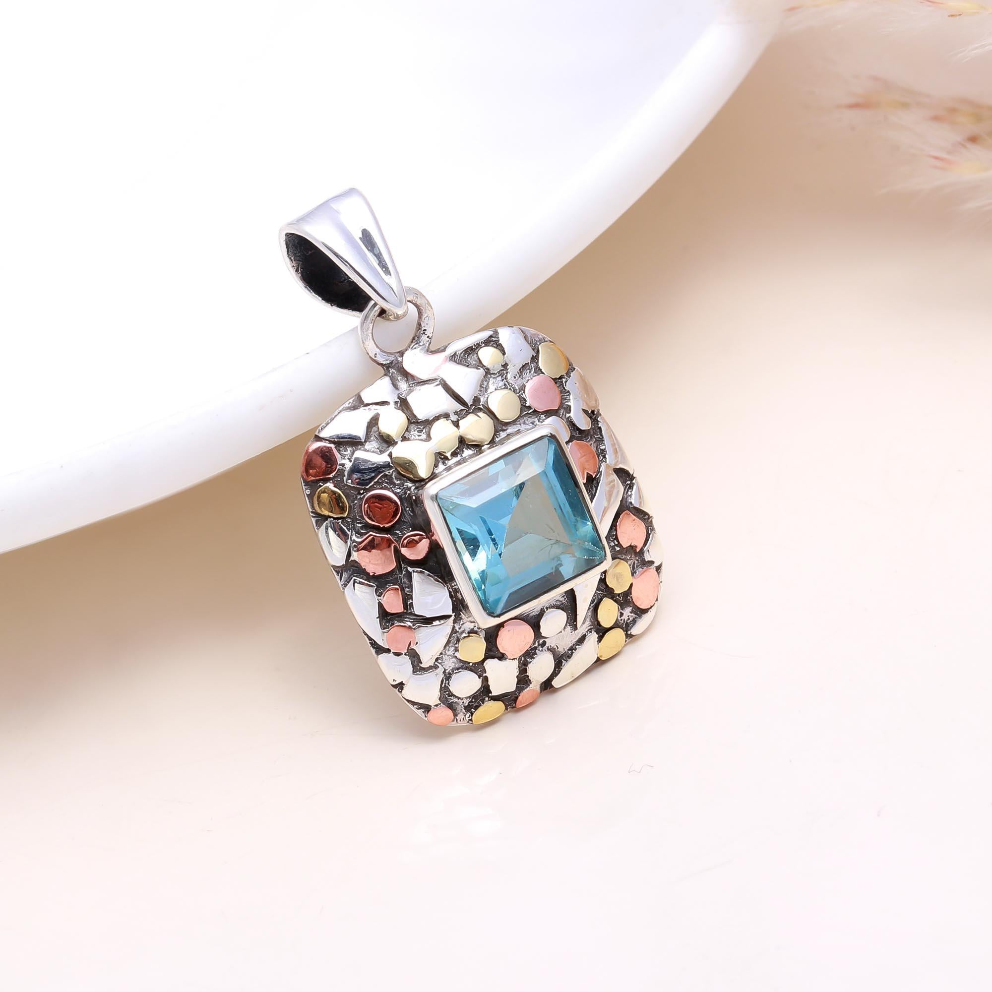 The Mosaic Square: Blue Topaz Mixed Metal  Pendant
