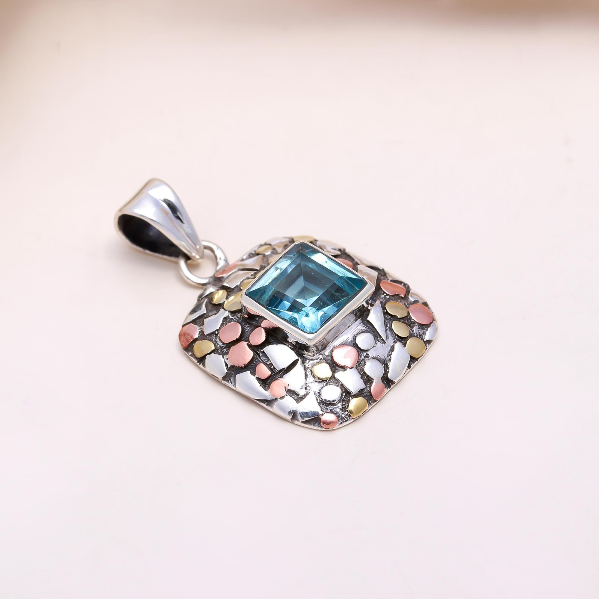 The Mosaic Square: Blue Topaz Mixed Metal  Pendant