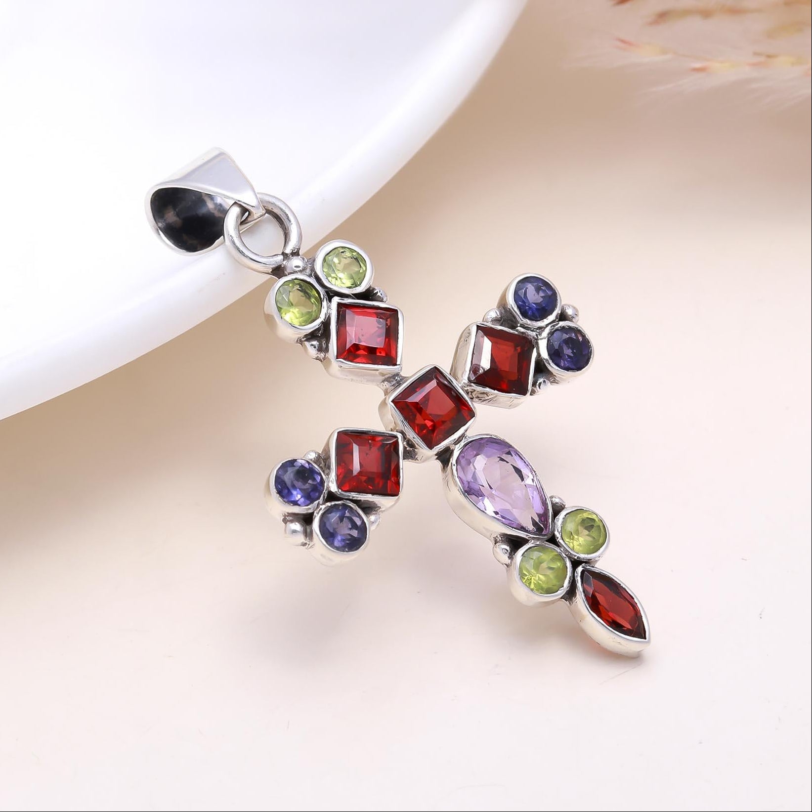 The Jewel Tone: Multi-Gemstone Silver Cross Pendant