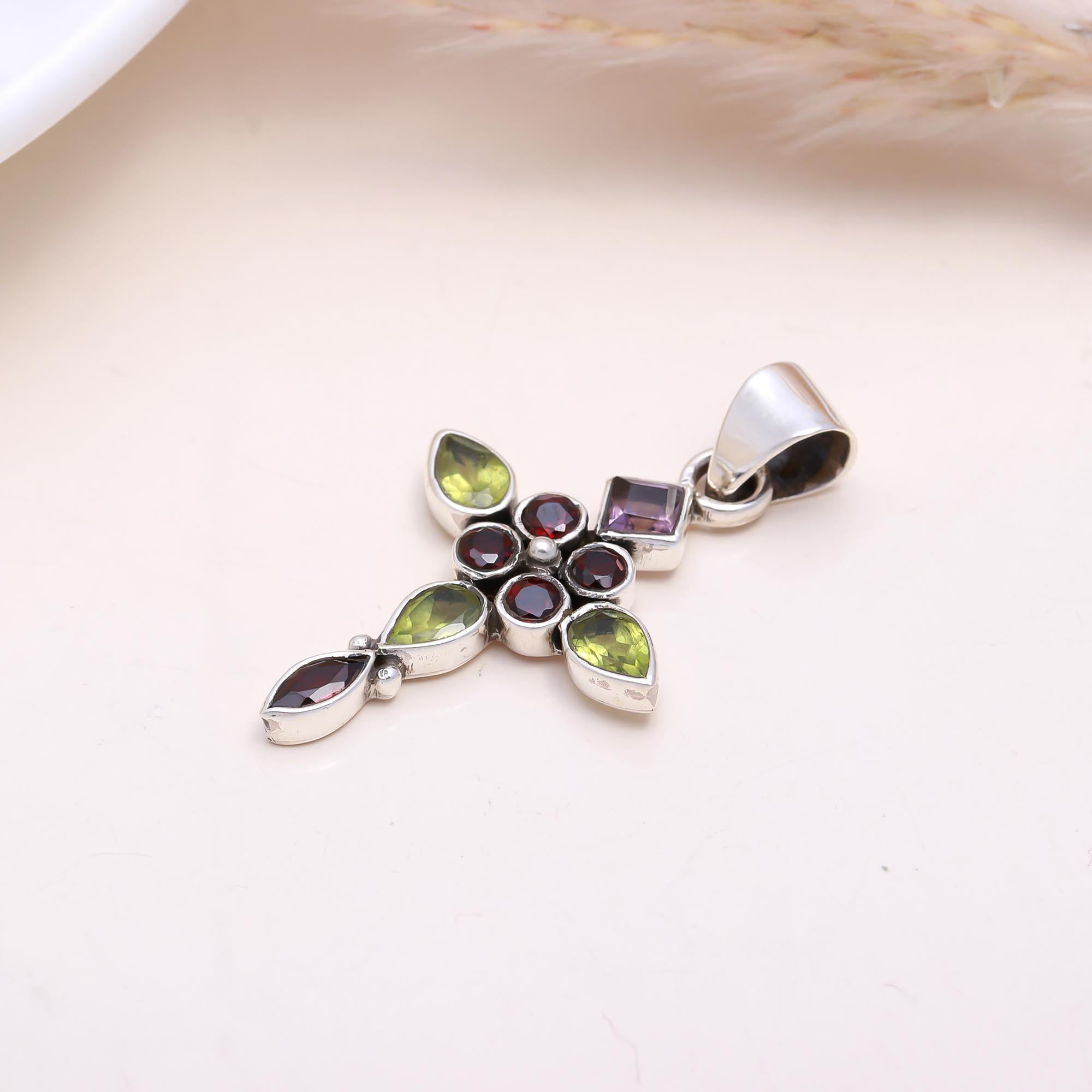 The Floral Cross: Multi-Gemstone Flower Cross Pendant