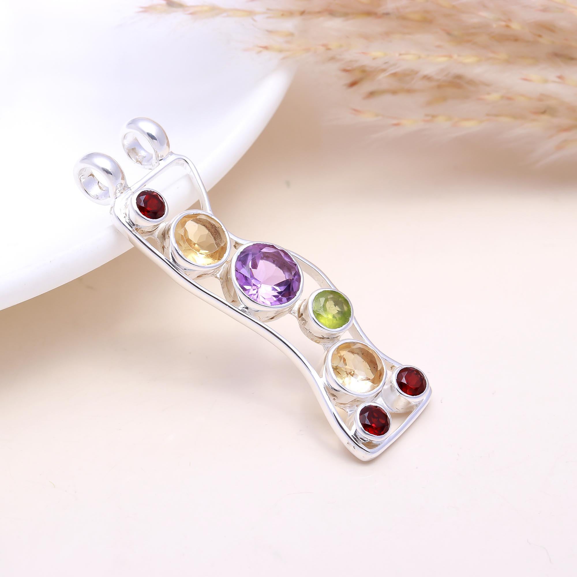 The Chakra Bridge: Multi-Gemstone Curved Bar Pendant