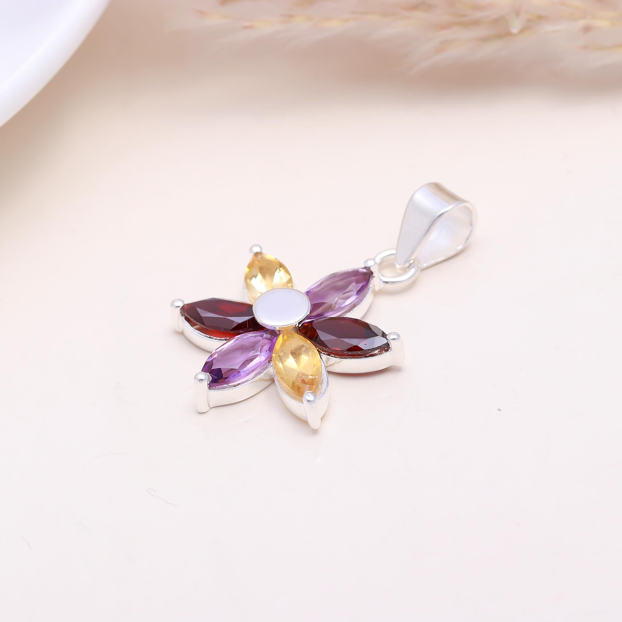 The Vibrant Bloom: Multi-Gemstone Flower Pendant