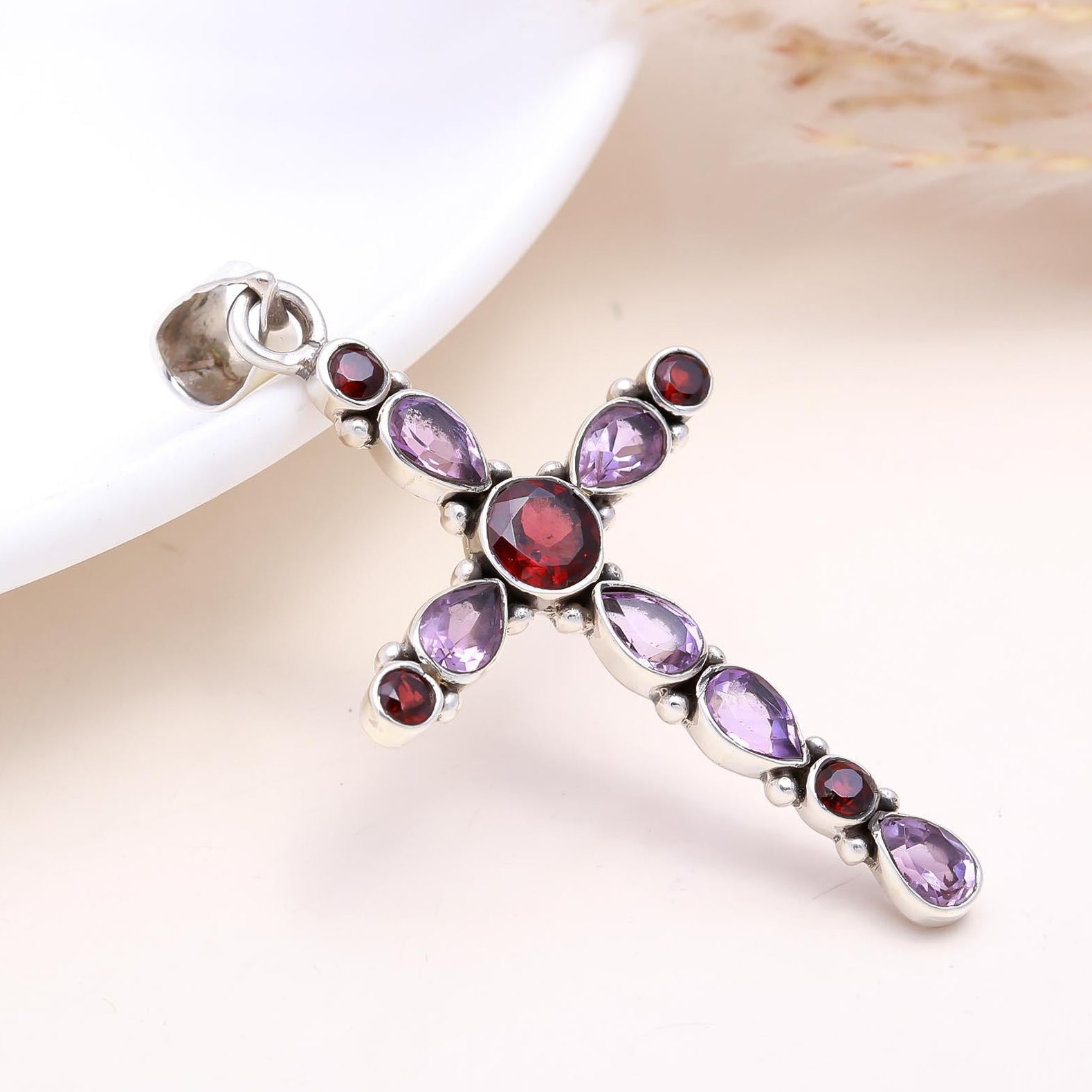 The Faithful Hue: Amethyst & Garnet Cross Pendant