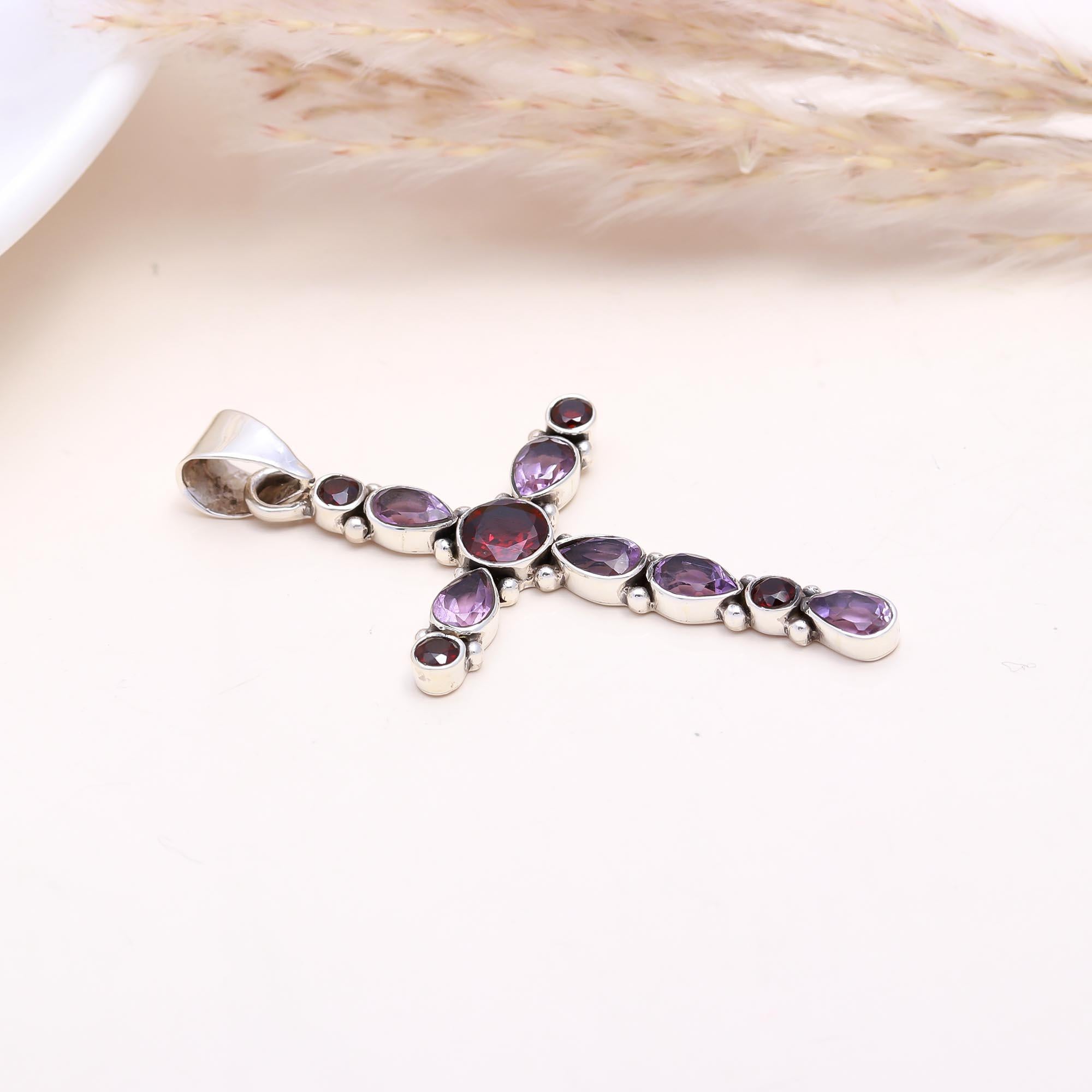The Faithful Hue: Amethyst & Garnet Cross Pendant