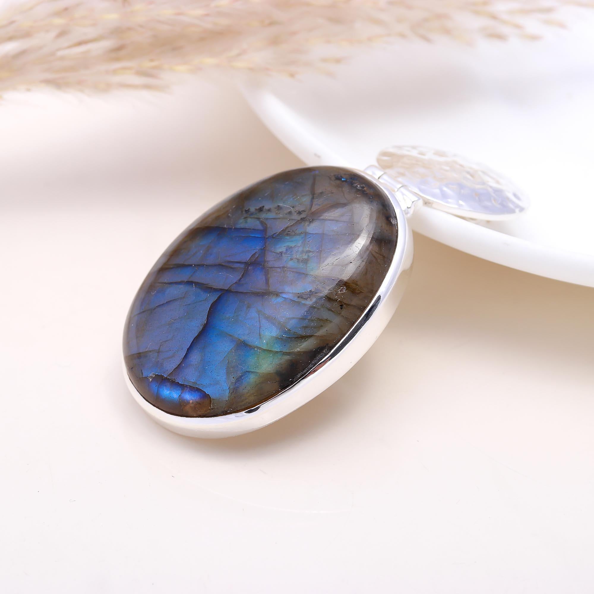 The Hammered Moon Drop: Labradorite & Hammered Disc Pendant