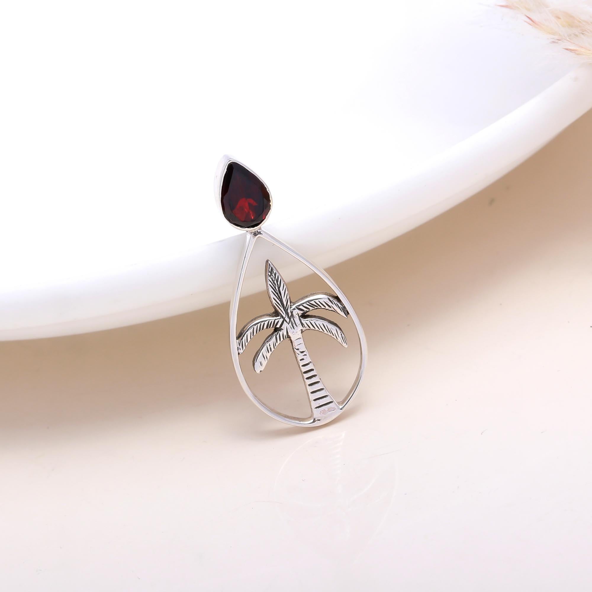 The Tropical Palm Drop: Silver Palm Tree & Garnet Pendant