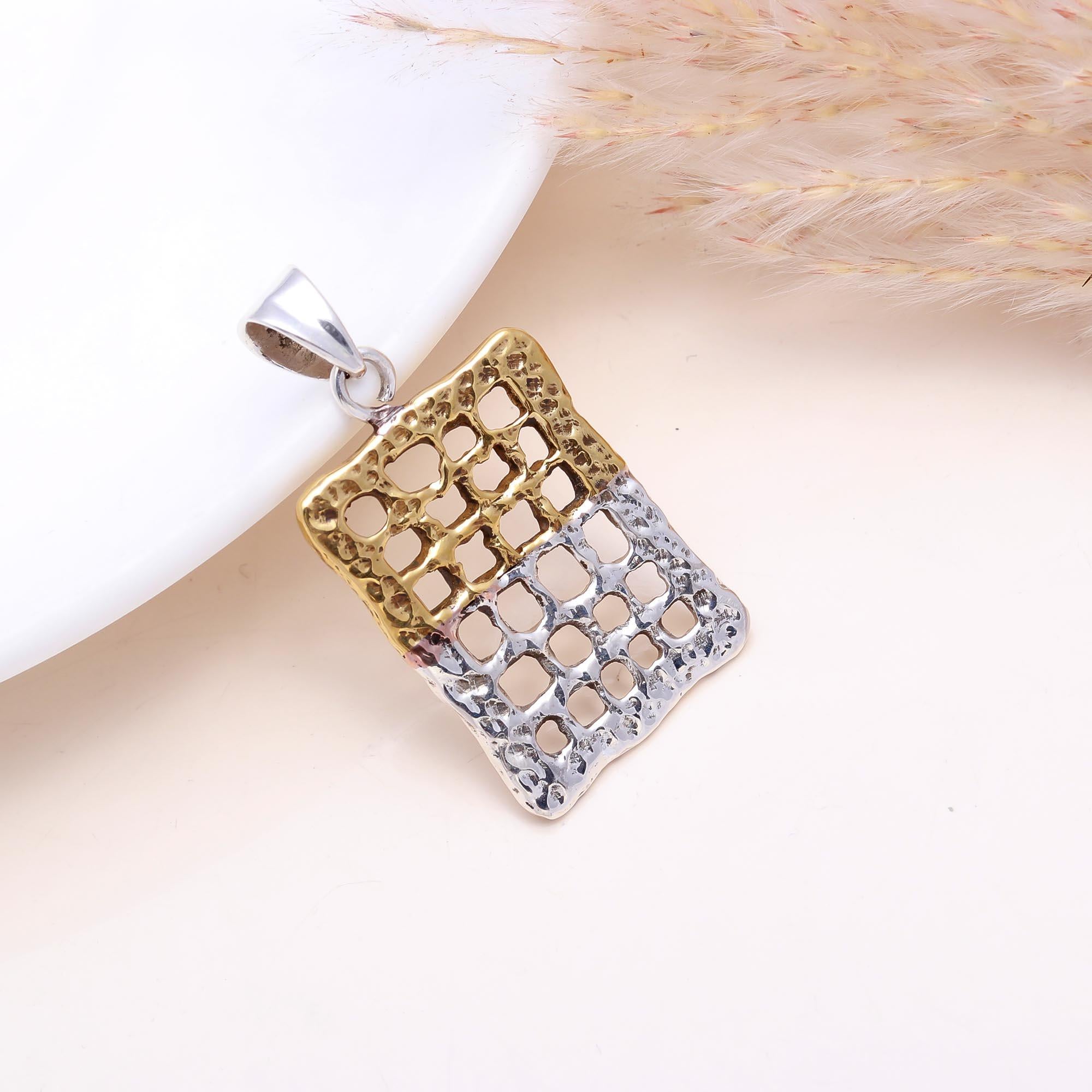 The Rustic Grid: Hammered Two-Tone Lattice Pendant