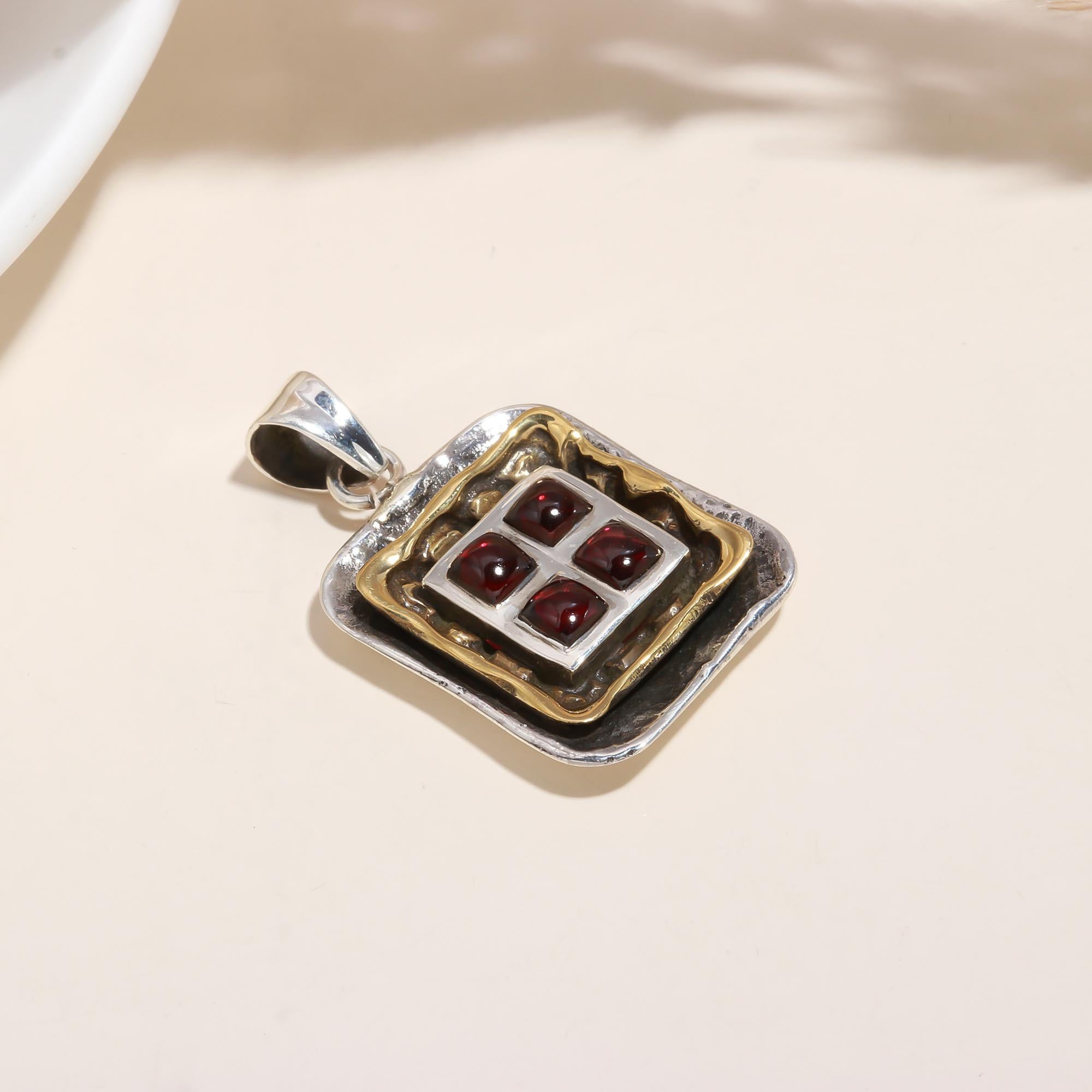 The Garnet Mosaic: Geometric Mixed Metal Pendant