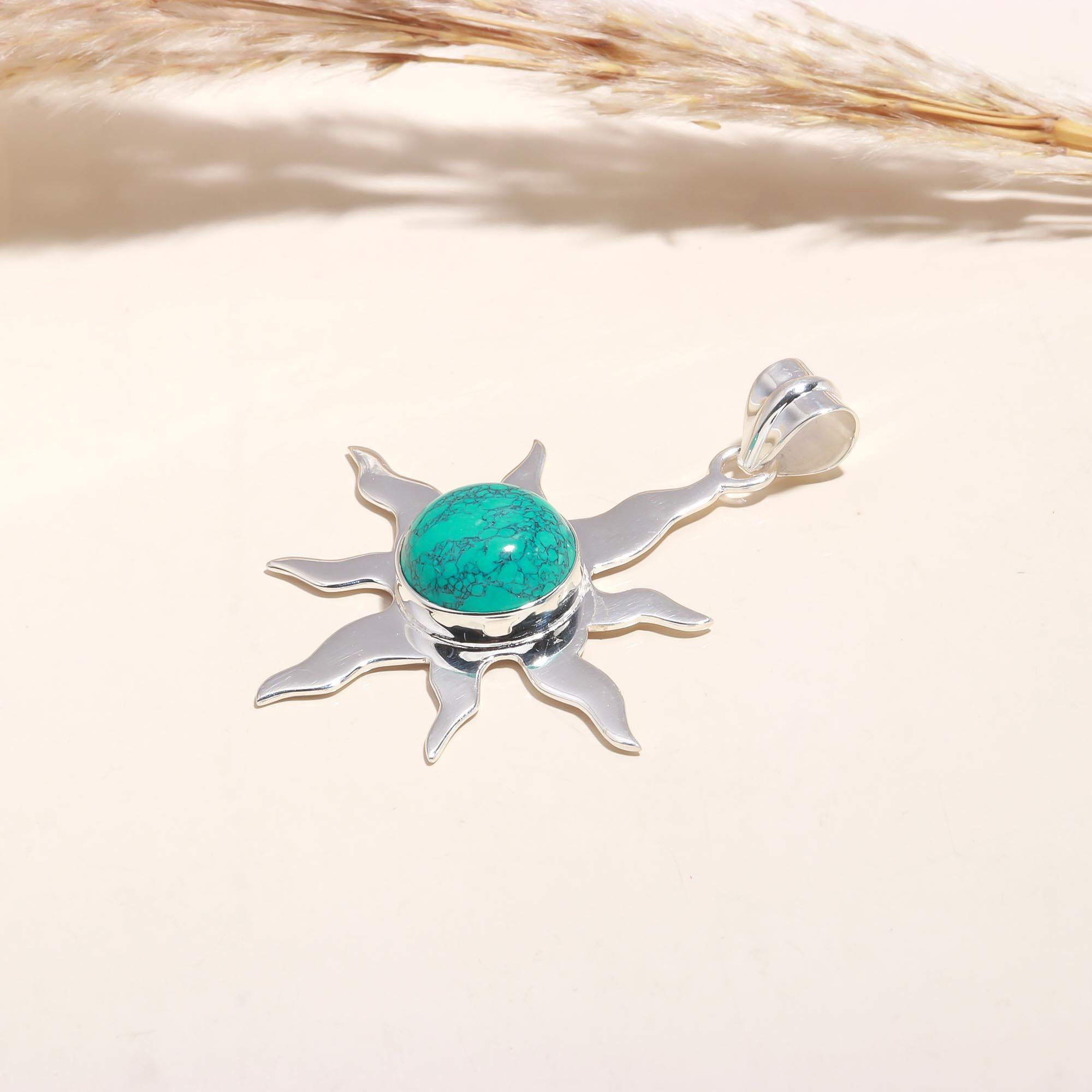 The Celestial Sun: Turquoise Ray Silver Pendant