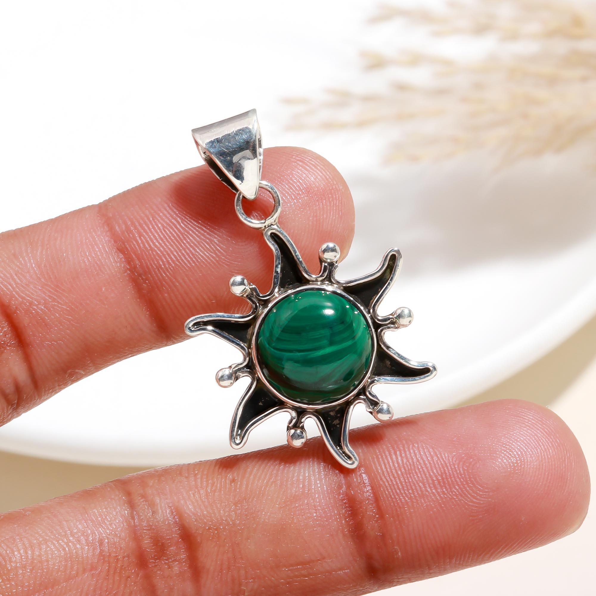 The Malachite Sun: Solar Ray Silver Pendant