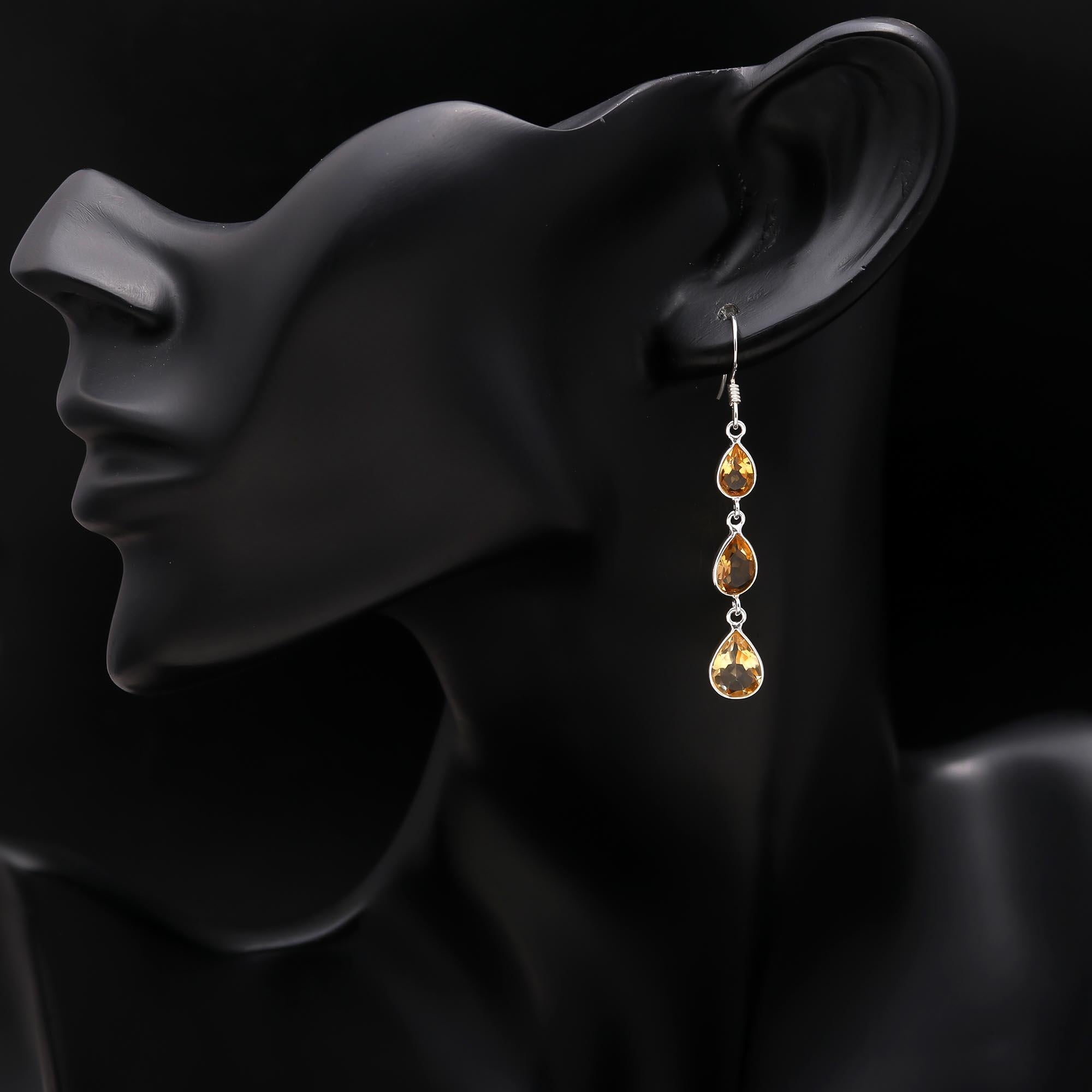 The Solar Cascade: Citrine & Silver Triple Drop Earrings