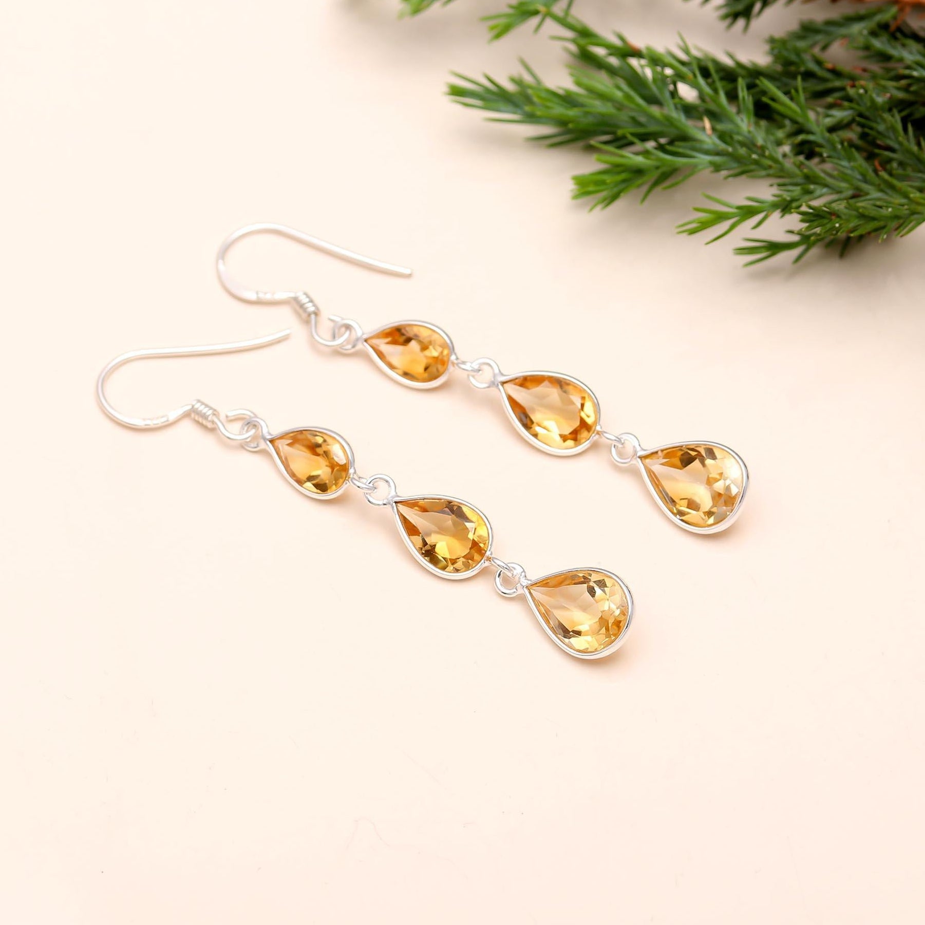 The Solar Cascade: Citrine & Silver Triple Drop Earrings
