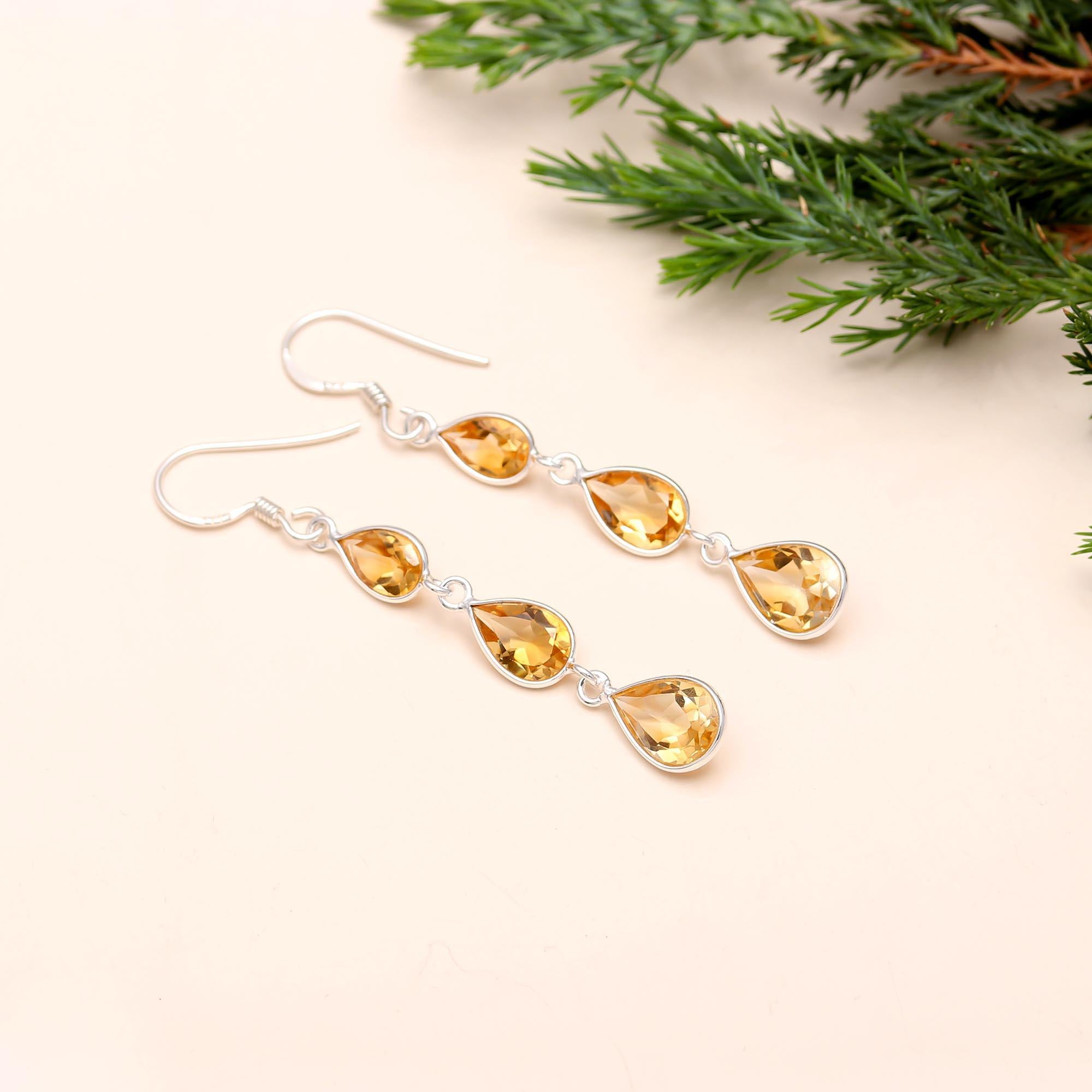 The Solar Cascade: Citrine & Silver Triple Drop Earrings