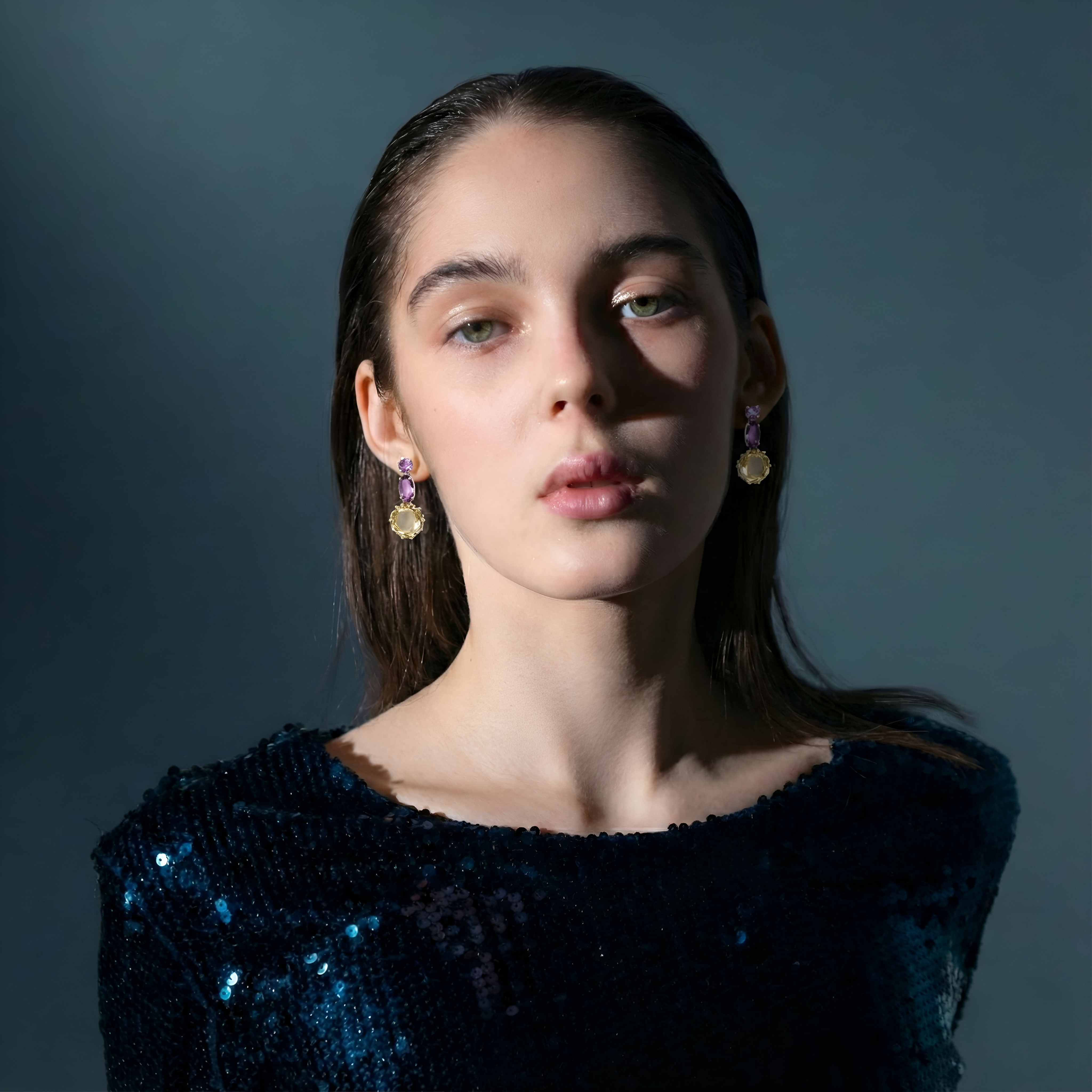 925 Silver Amethyst and Citrine Drop Earrings