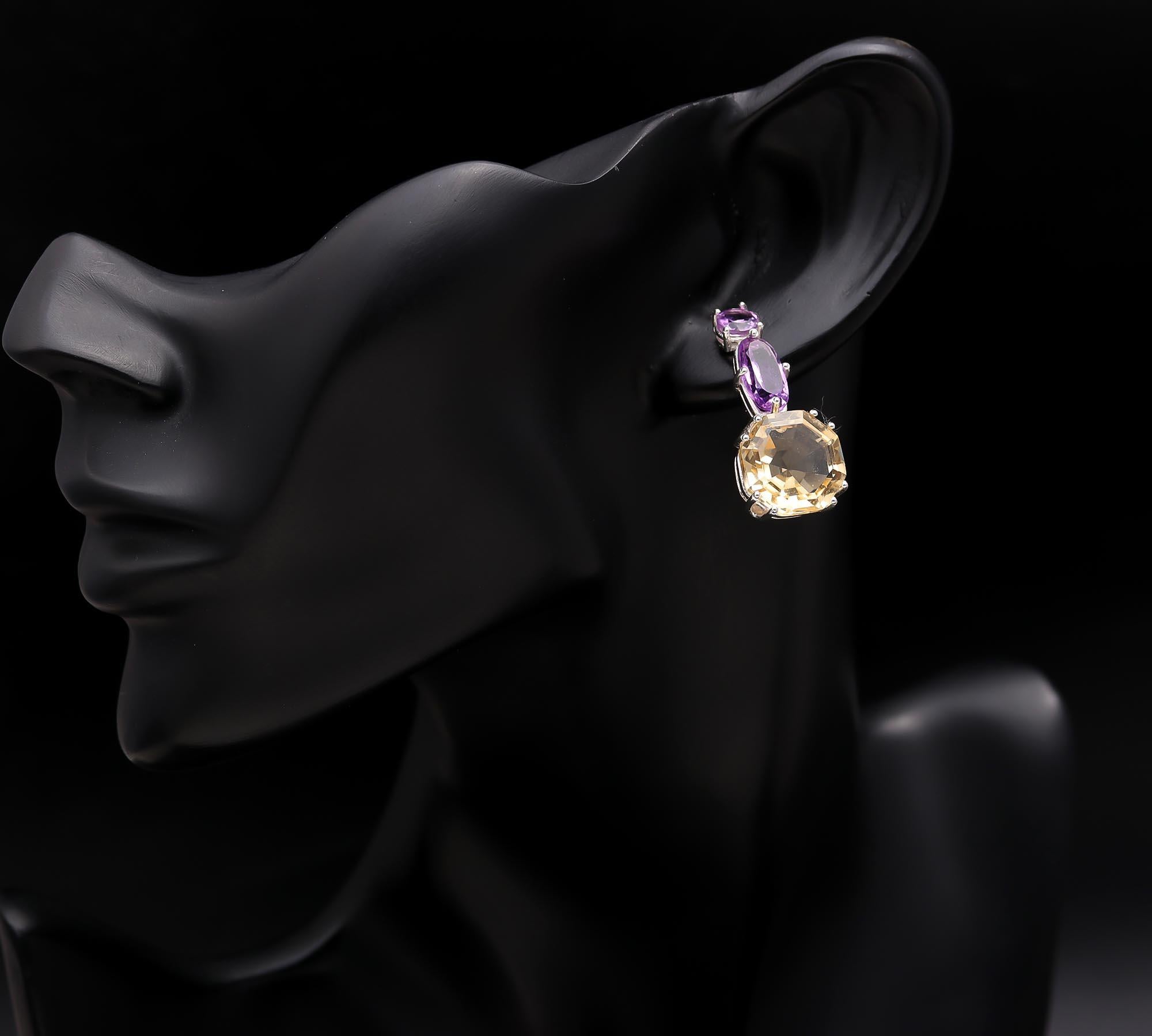925 Silver Amethyst and Citrine Drop Earrings