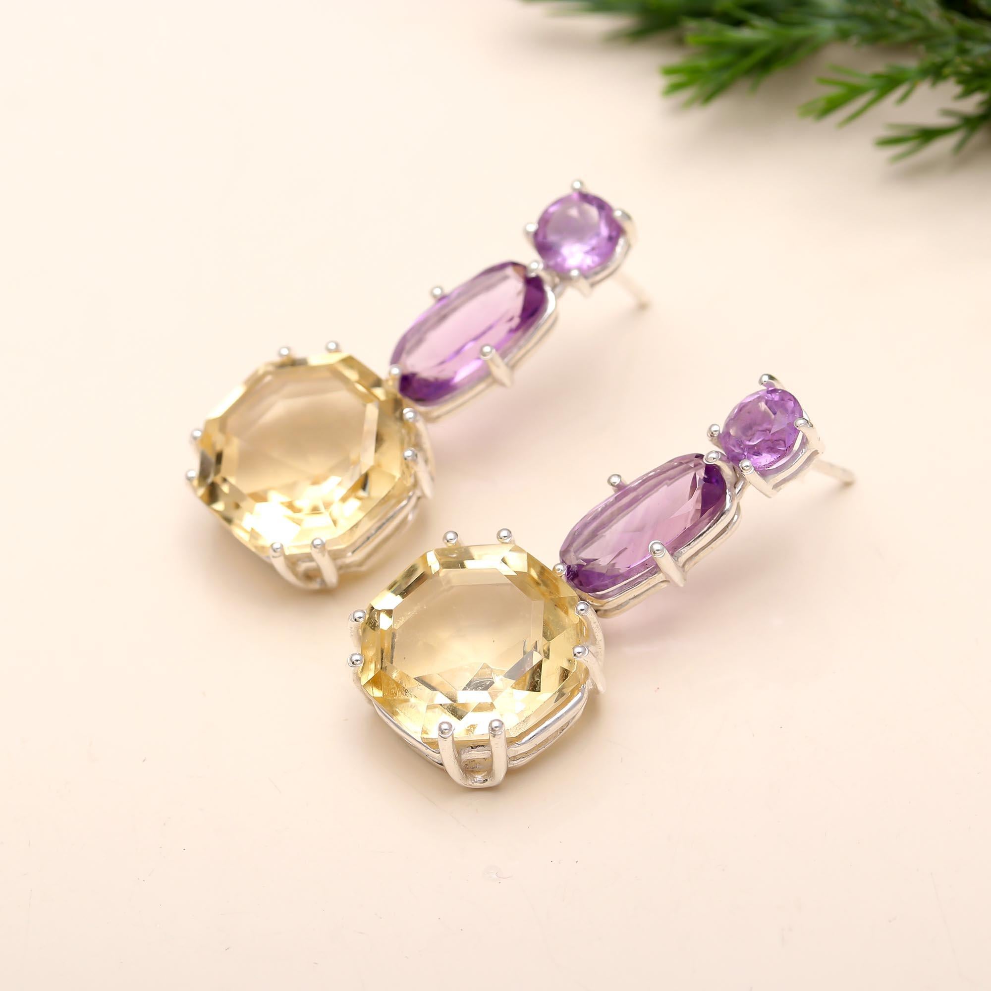 925 Silver Amethyst and Citrine Drop Earrings