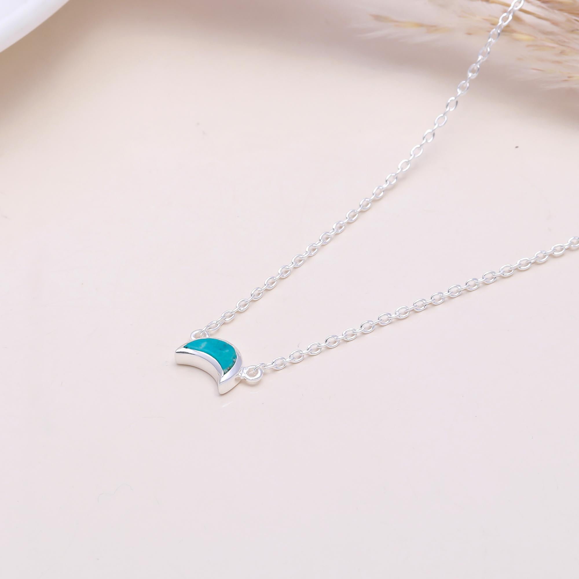 The Turquoise Moon: Dainty Crescent Inlay Silver Necklace