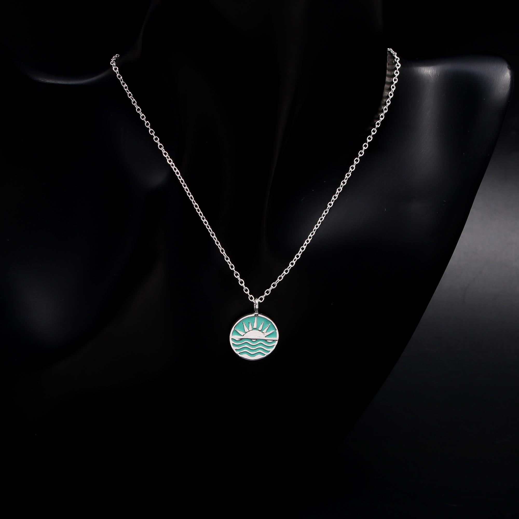 The Teal Sunrise: Enamel Ocean Wave & Sun Pendant