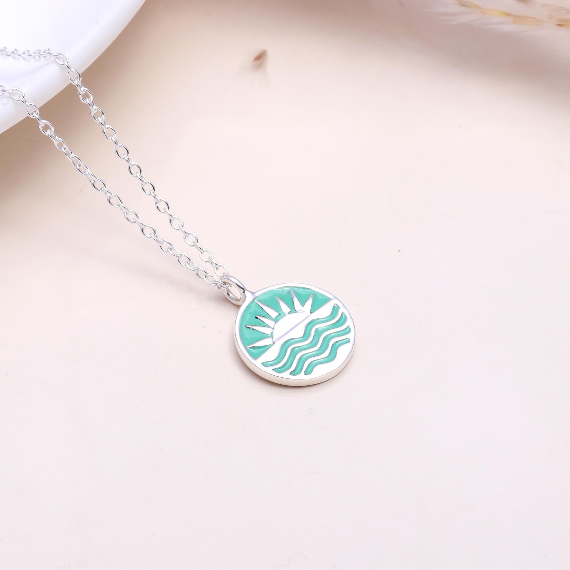 The Teal Sunrise: Enamel Ocean Wave & Sun Pendant