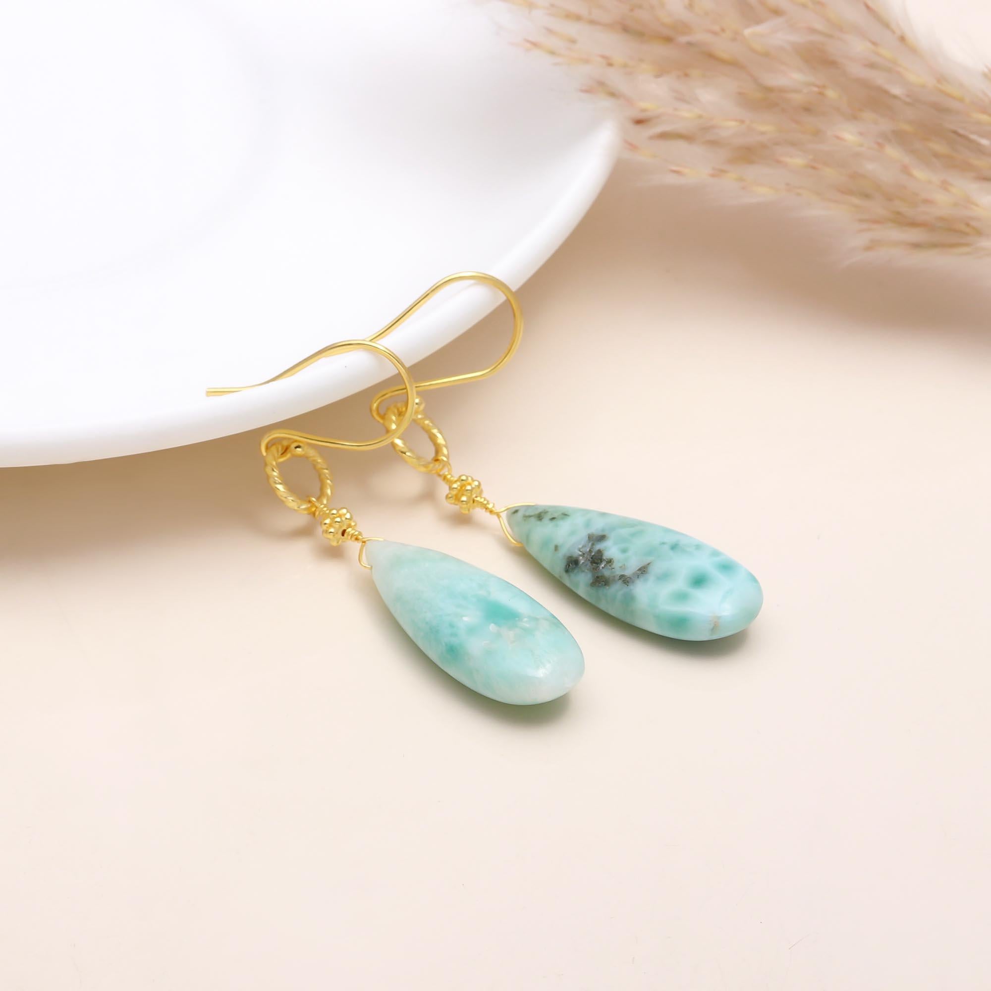 The Caribbean Drop: Larimar & Gold Twisted Hook Earrings