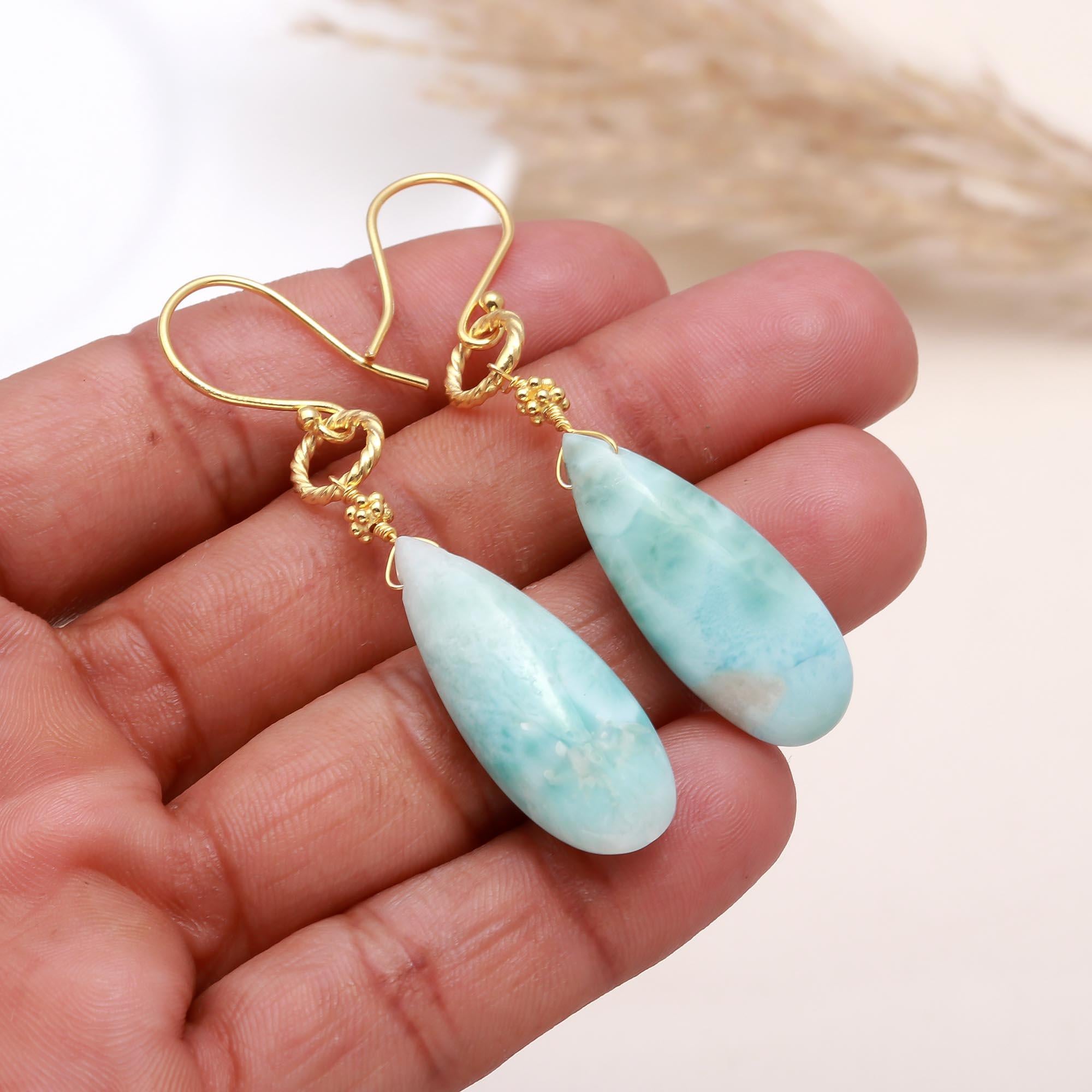 The Caribbean Drop: Larimar & Gold Twisted Hook Earrings