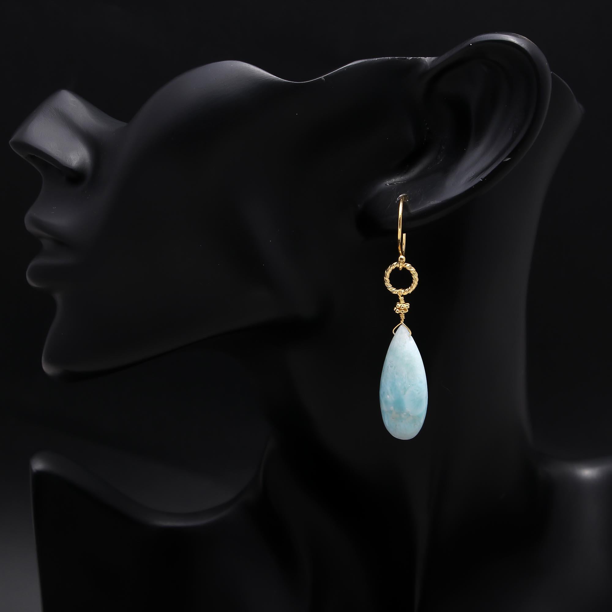 The Caribbean Drop: Larimar & Gold Twisted Hook Earrings