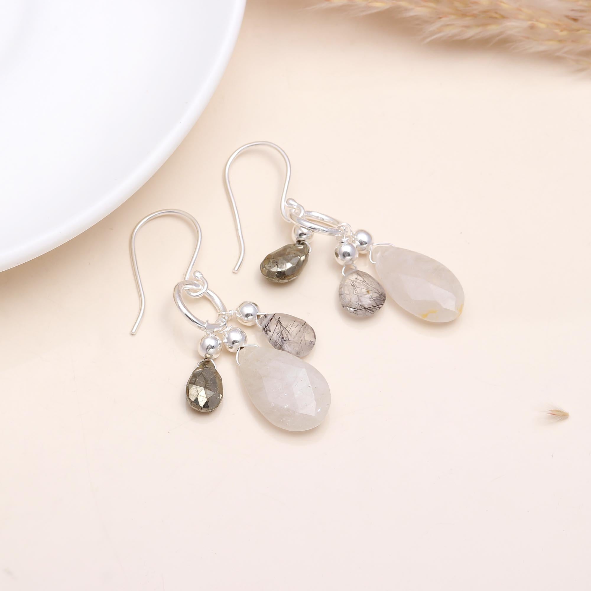 The Monochrome Drop: Tourmalinated Quartz & Pyrite Earrings