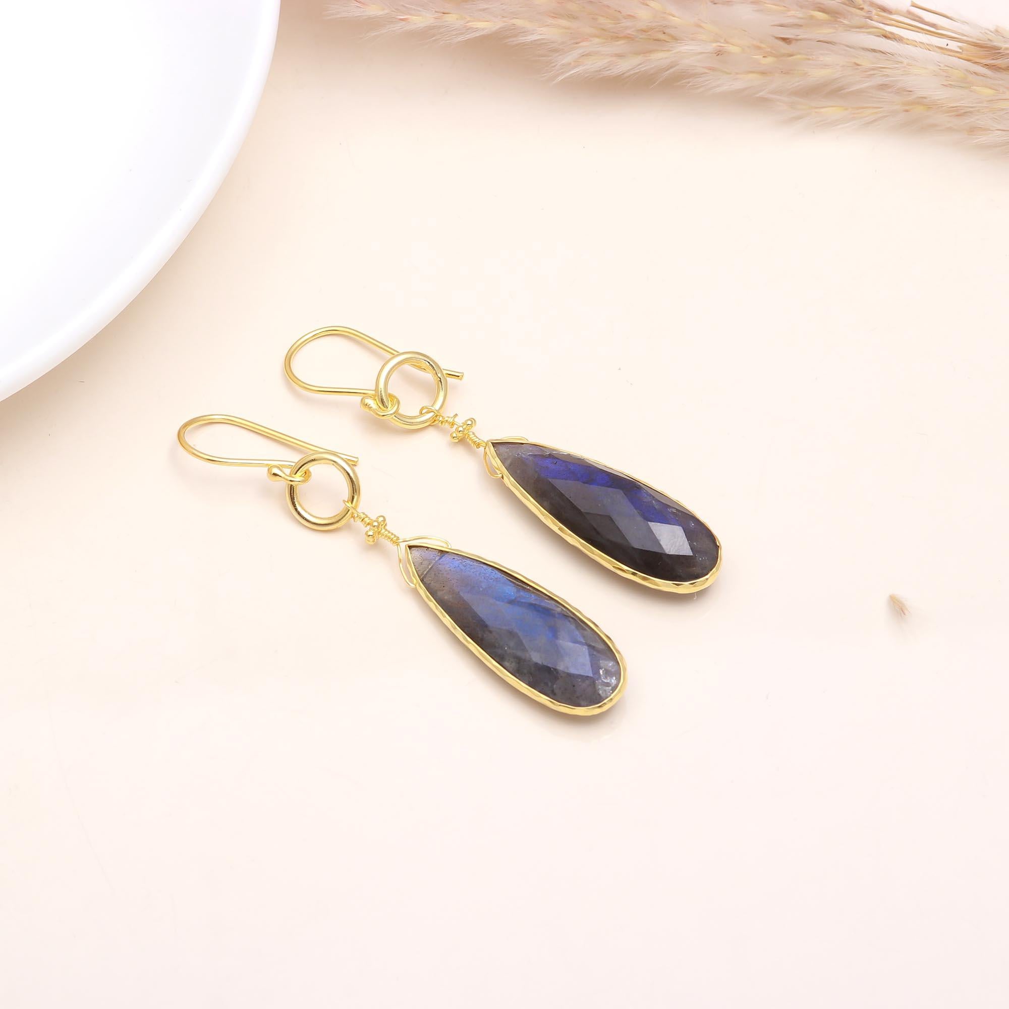The Labradorite Teardrop: Labradorite Wire Wrap Gold Earrings
