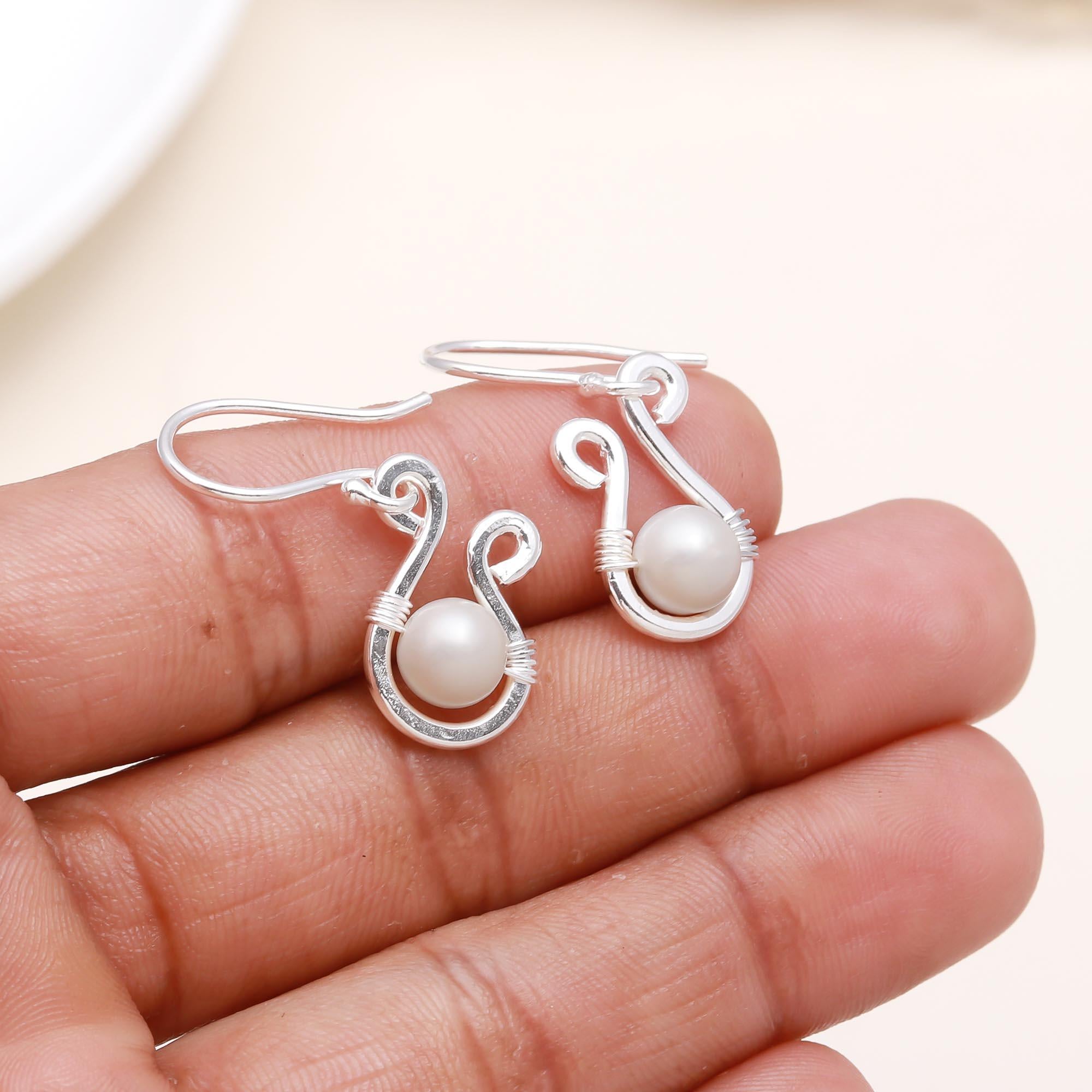 The Modern Swan: Wire Wrapped Silver Pearl Earrings
