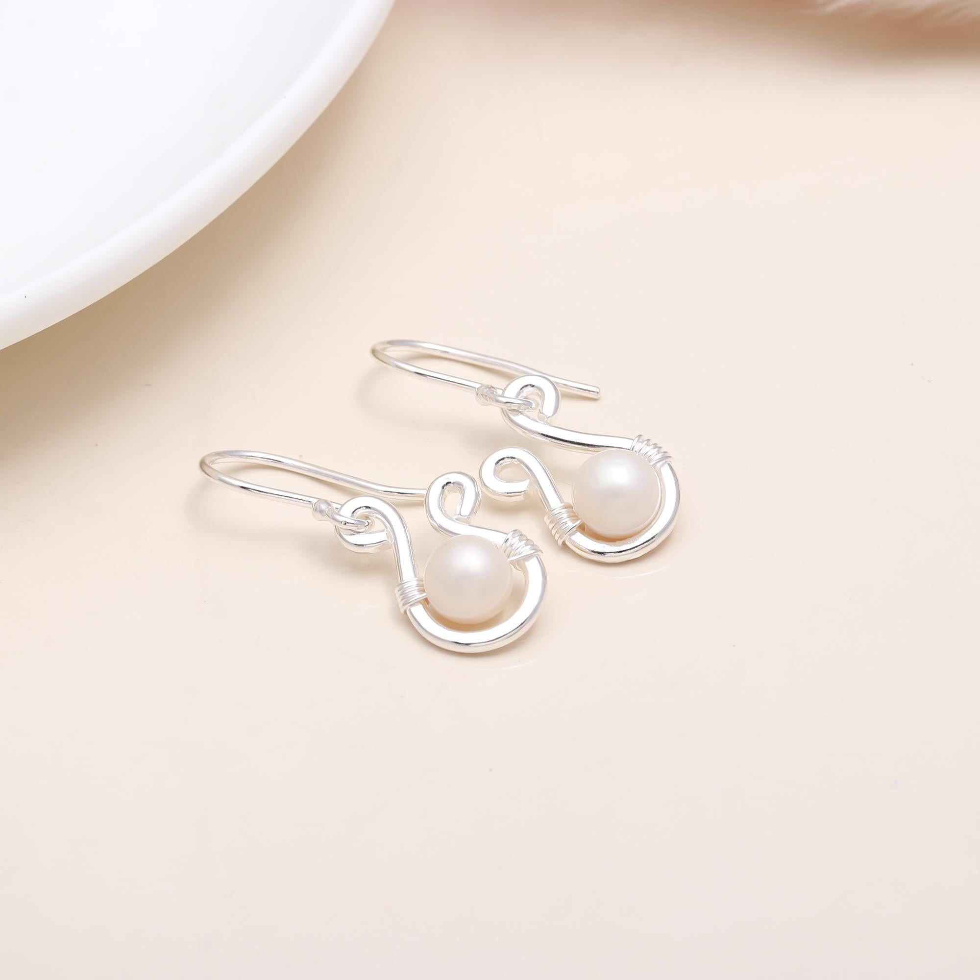 The Modern Swan: Wire Wrapped Silver Pearl Earrings