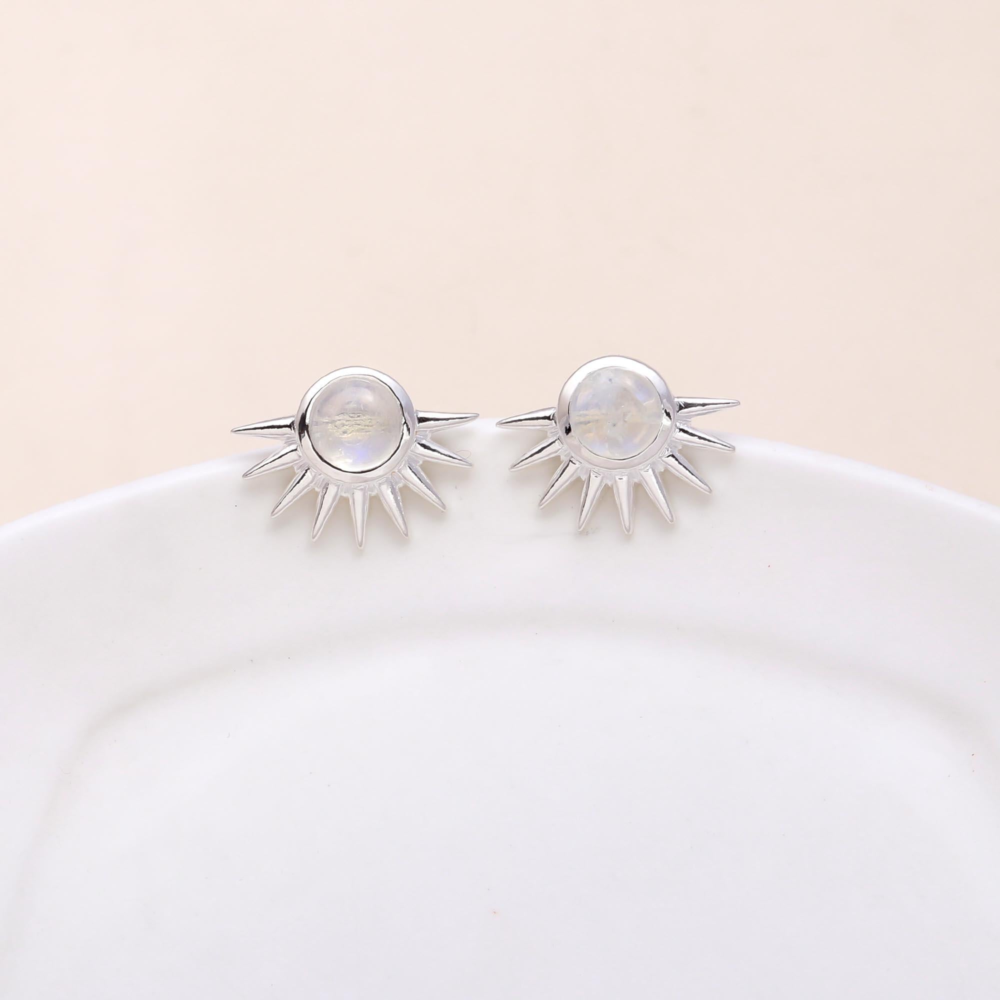The Moonburst: Moonstone Spiked Halo Stud Earrings