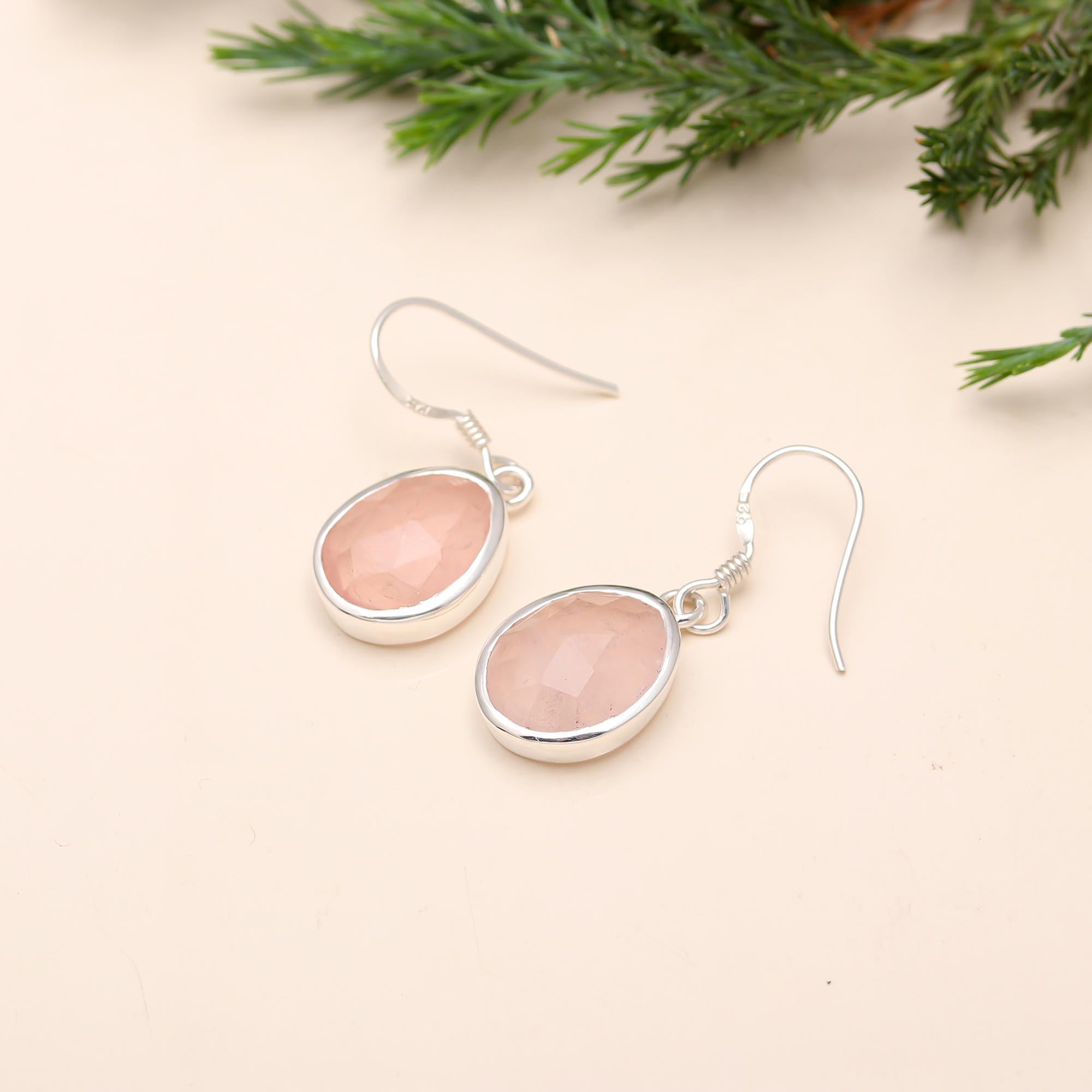 The Rosy Dawn: Rose Quartz & Silver Teardrop Earrings