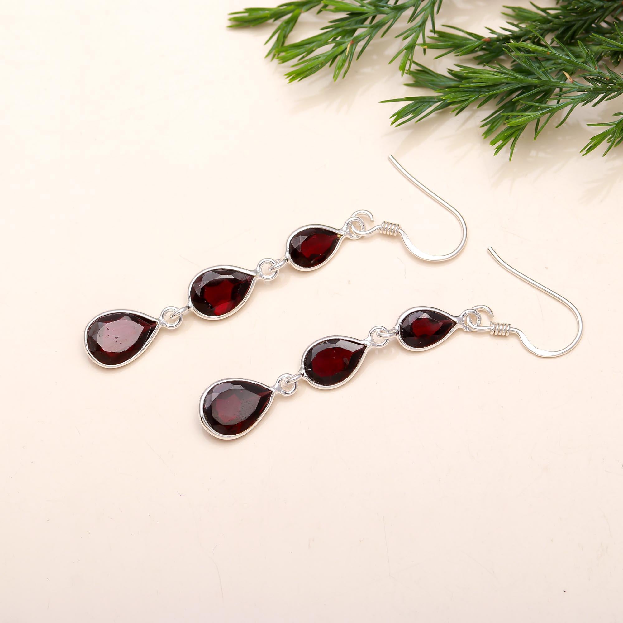 The Crimson Cascade: Garnet & Silver Triple Teardrop Earrings