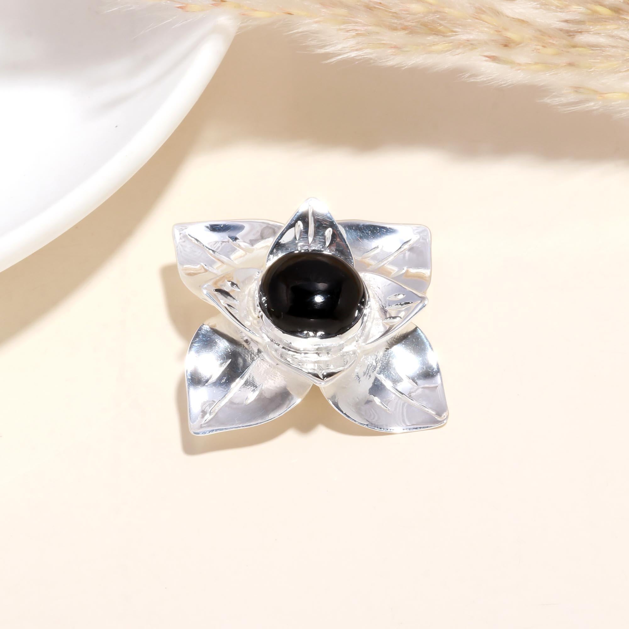 925 Sterling Silver Black Onyx Floral Statement Ring