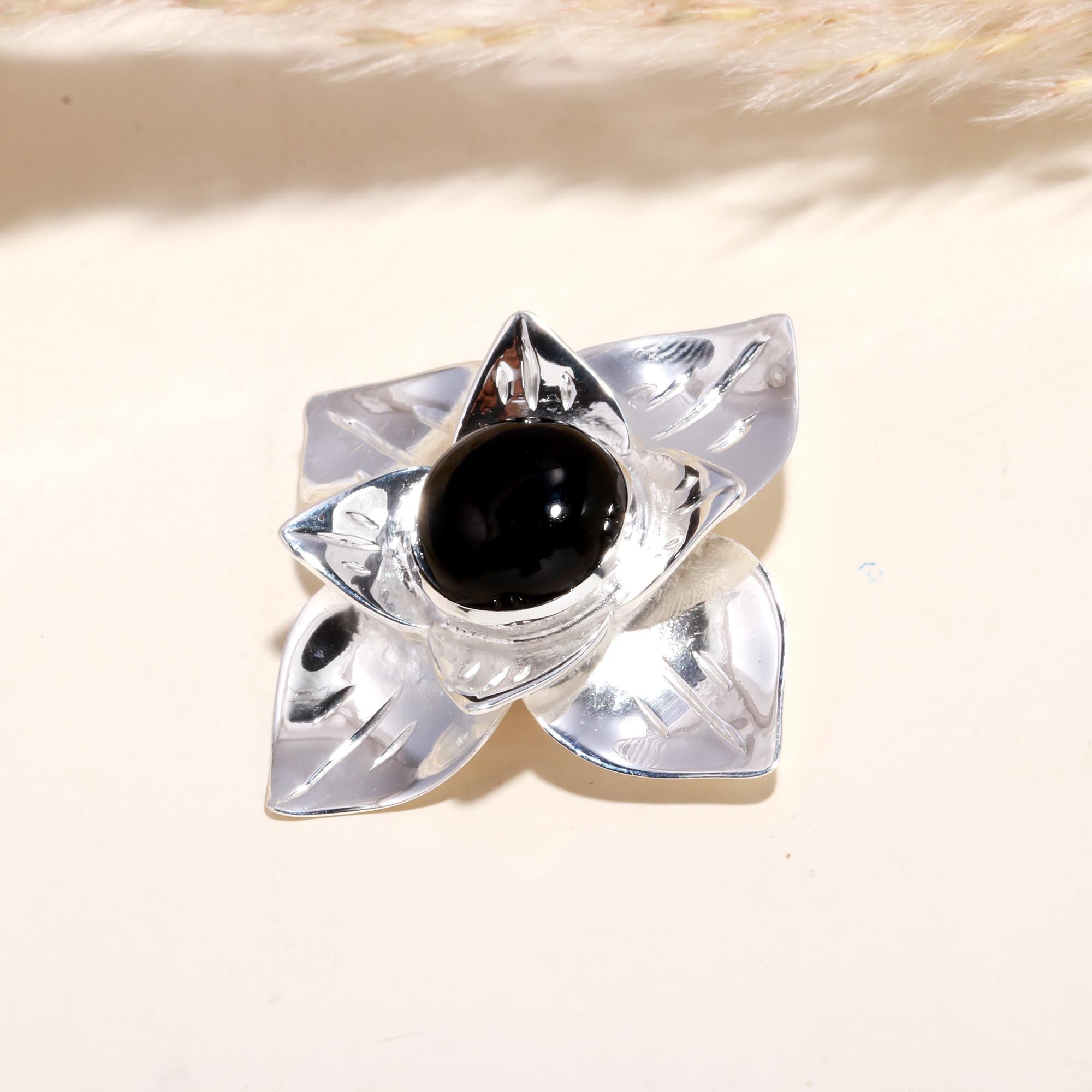 925 Sterling Silver Black Onyx Floral Statement Ring