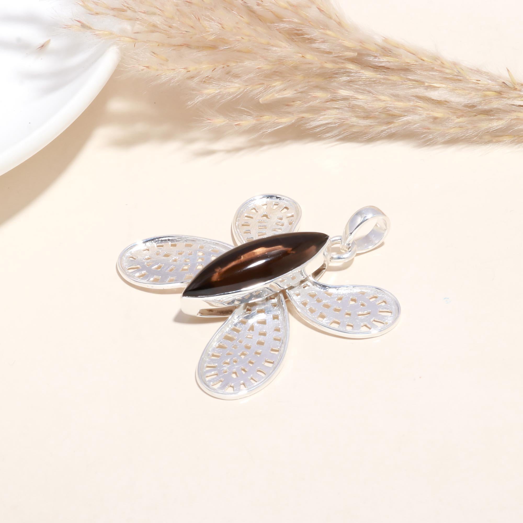 925 Sterling Silver Smoky Quartz Butterfly Pendant