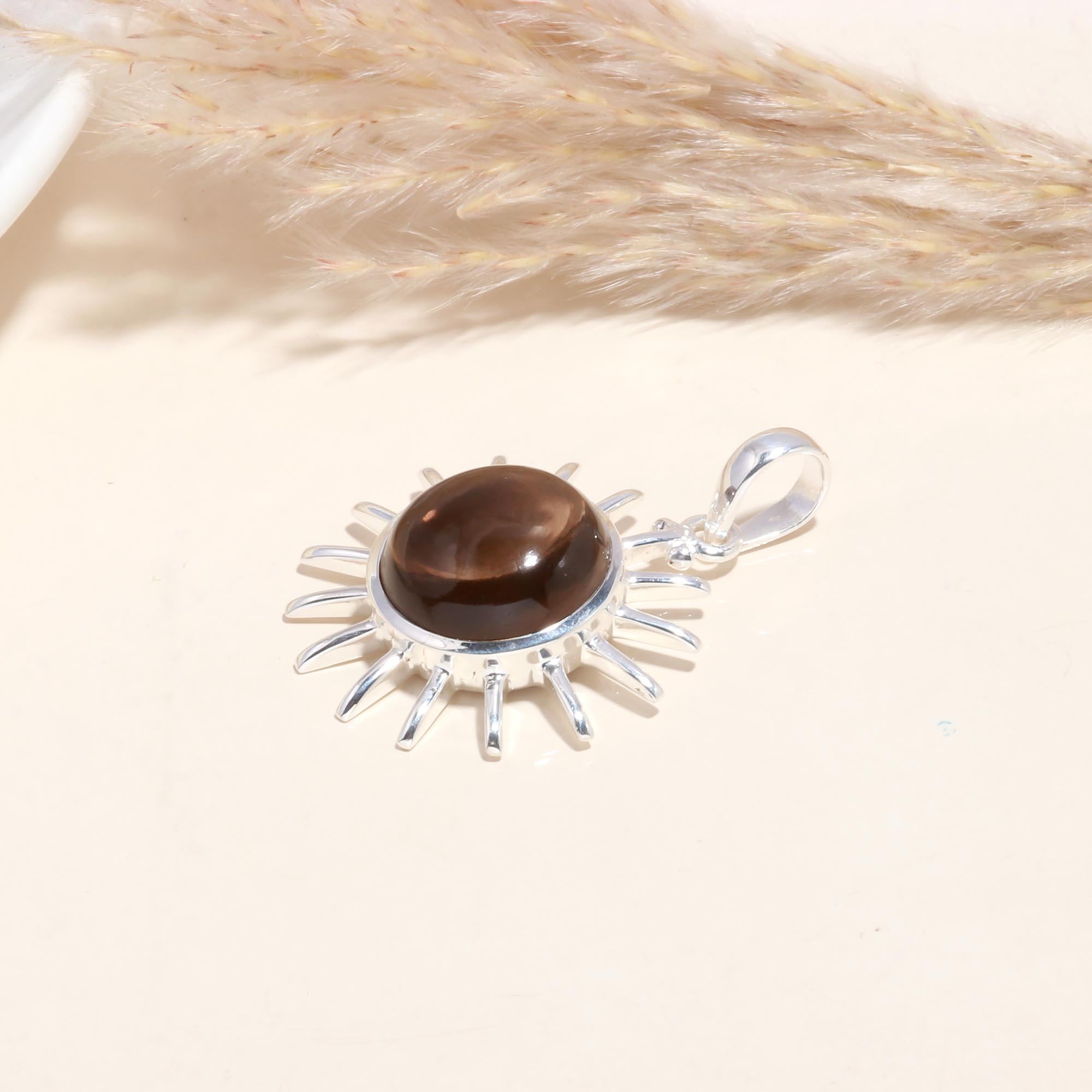 925 Sterling Silver Sunburst Brown Gemstone Pendant