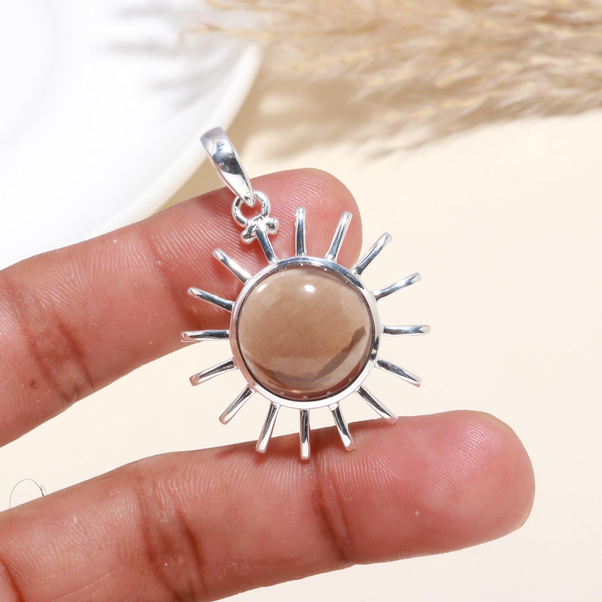 925 Sterling Silver Sunburst Brown Gemstone Pendant