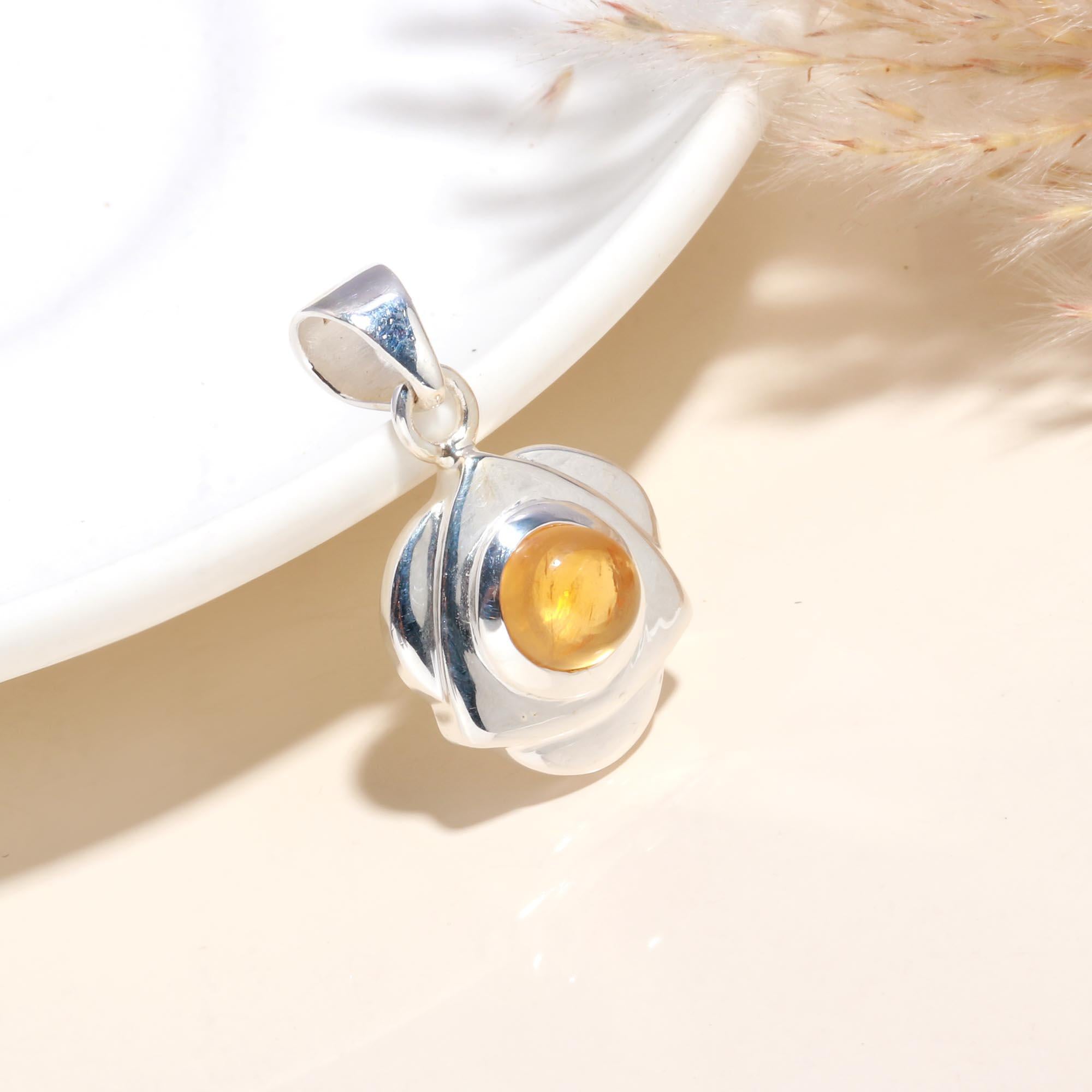 925 Sterling Silver Floral Citrine Cabochon Pendant
