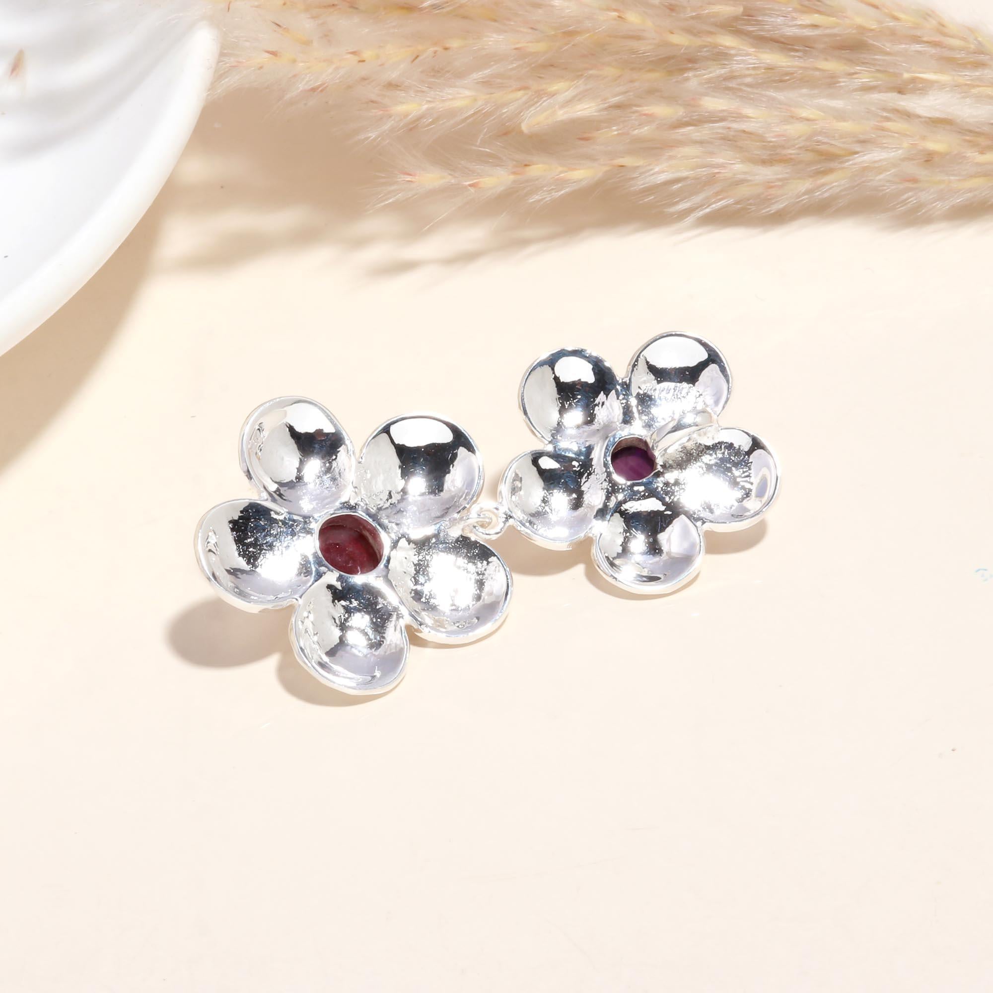925 Sterling Silver Garnet Cabochons Twin Floral Pendant