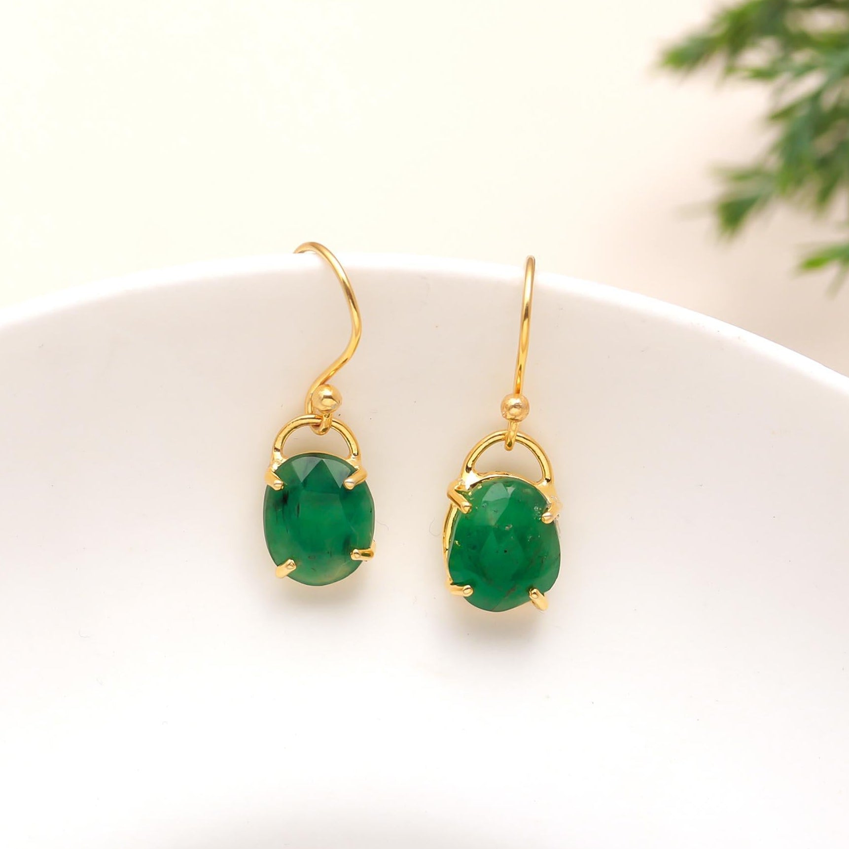 The Verdant Drop: Emerald & Gold Oval Earrings