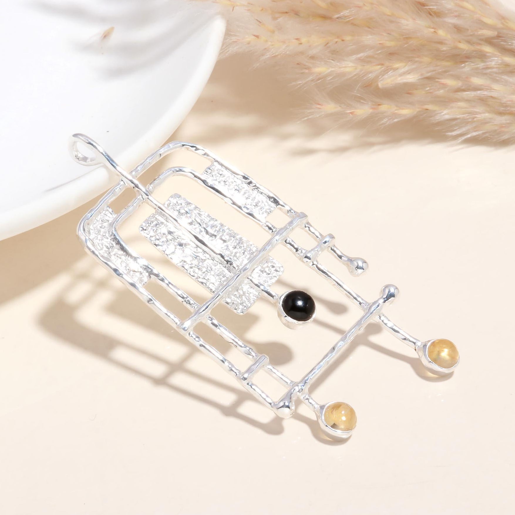 925 Sterling Silver Onyx & Citrine Abstract Geometric Pendant