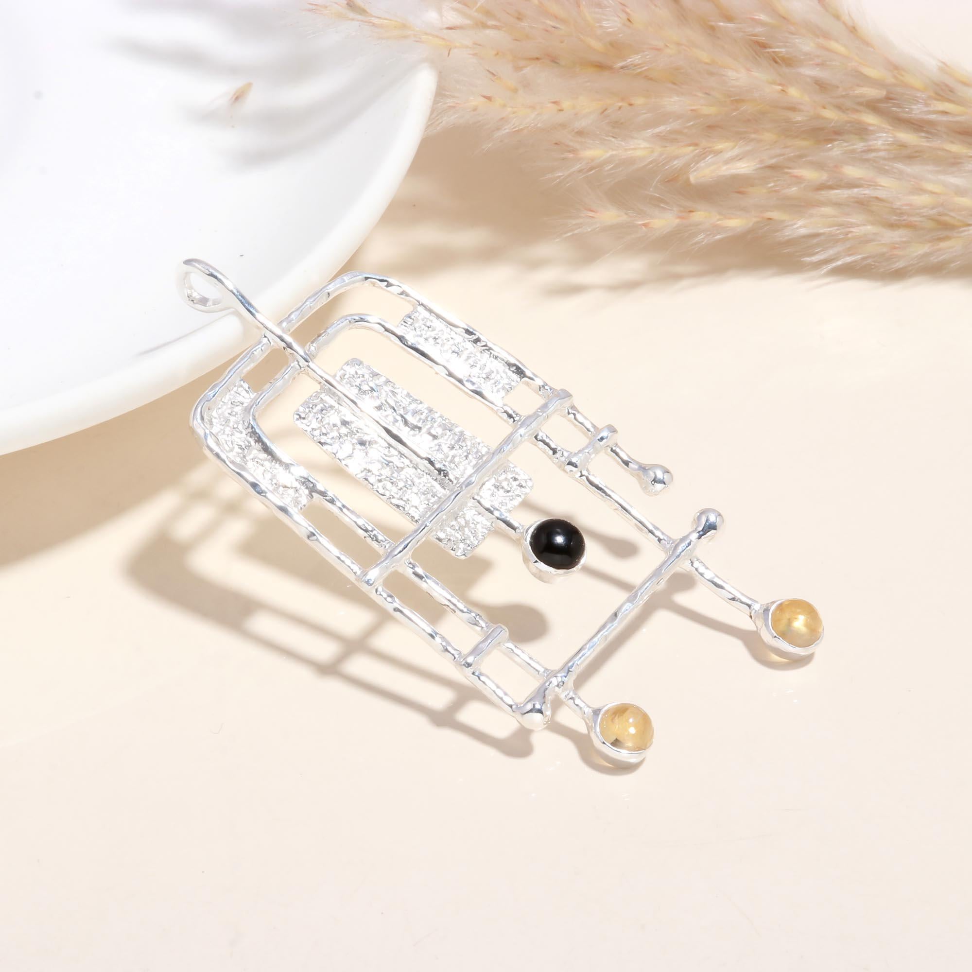 925 Sterling Silver Onyx & Citrine Abstract Geometric Pendant