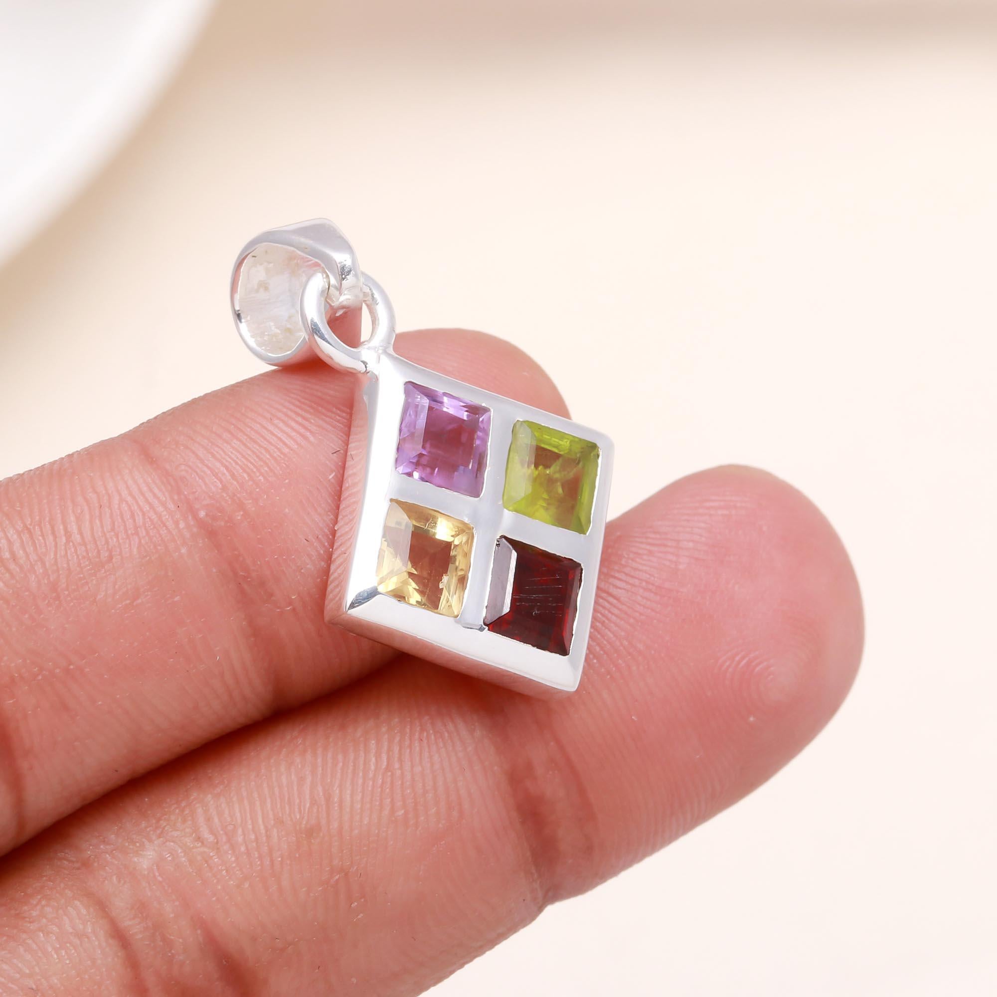 925 Sterling Silver Multi-Gemstone Square Pendant