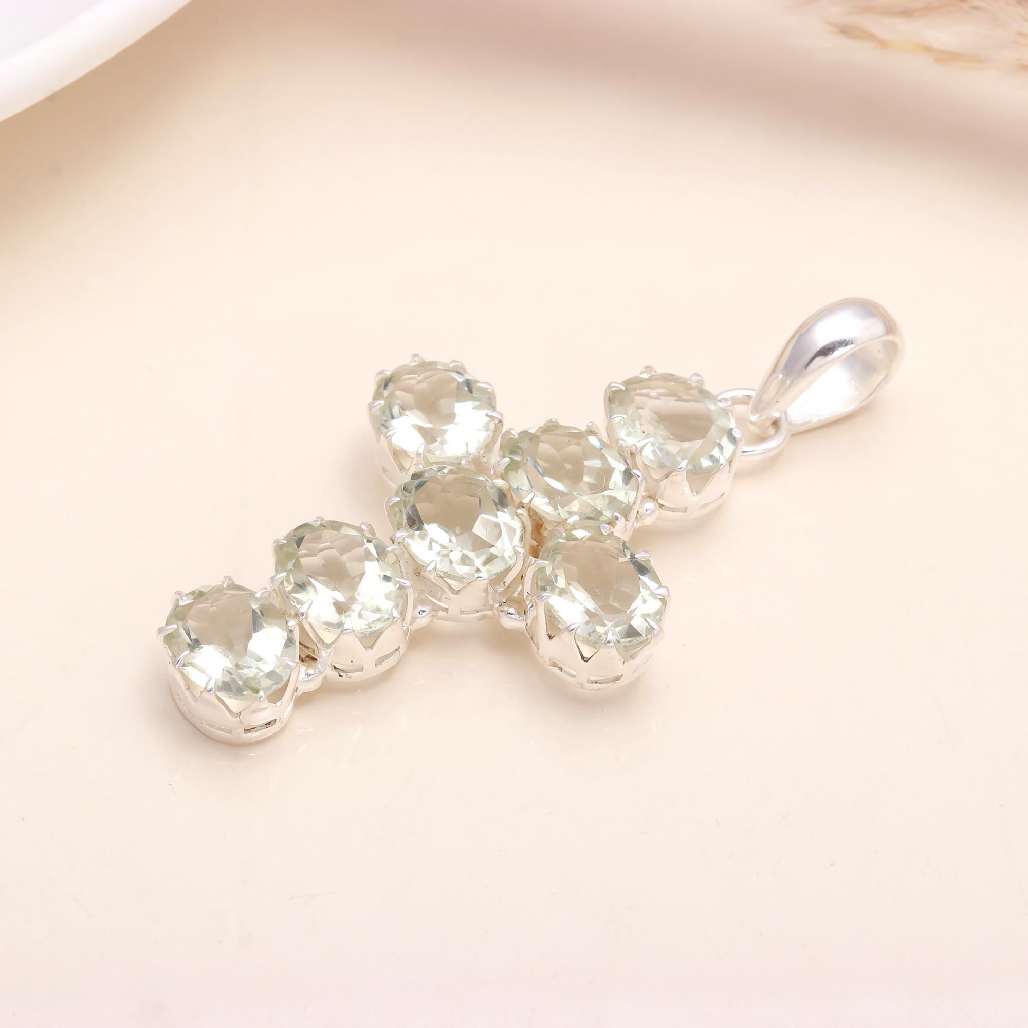 925 Sterling Silver Green Amethyst Cross Pendant